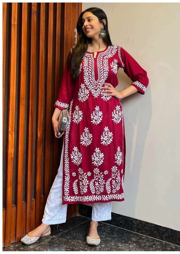 CHIKANKARI WORK RAYON COTTON FANCY KURTI SUPPLIER IN SURAT