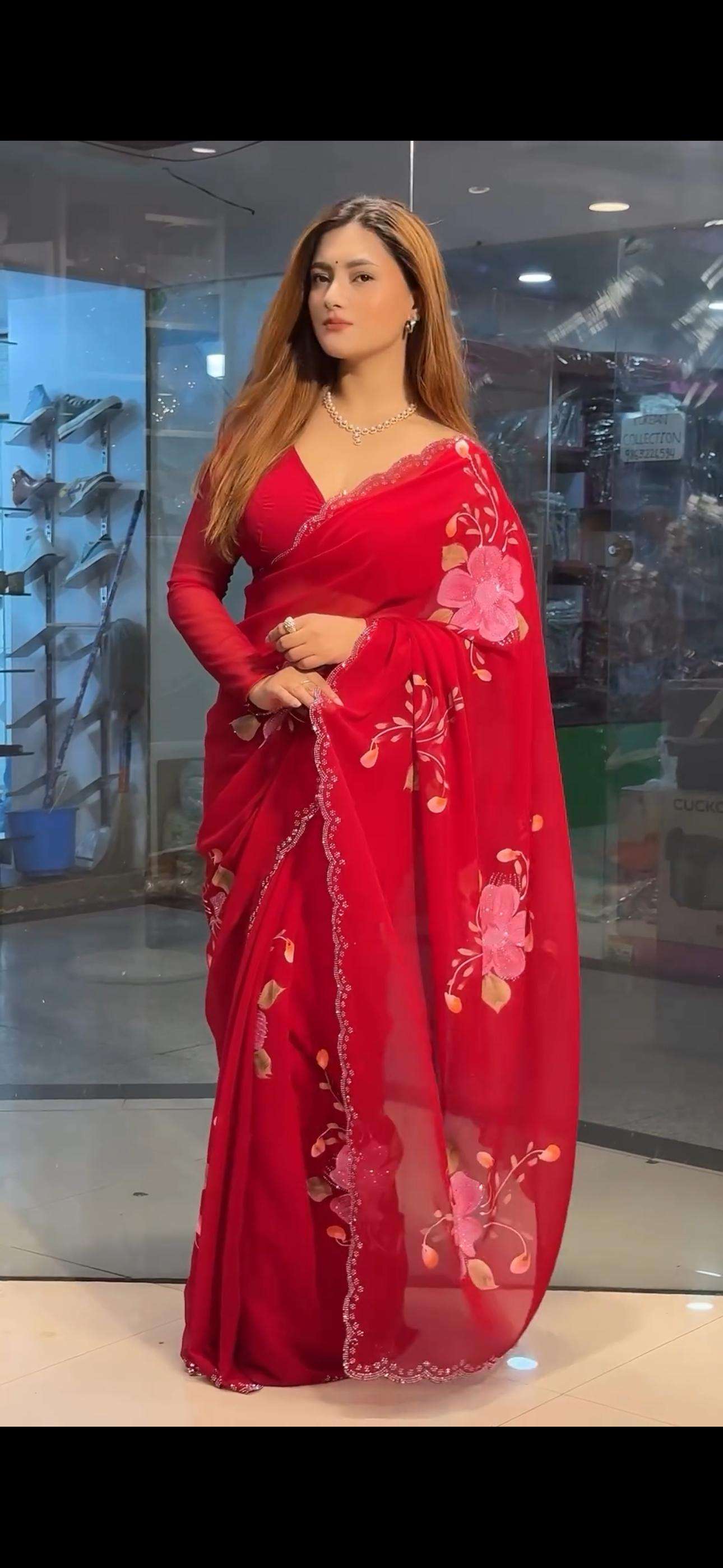 FESTIVAL SPECIAL AMAZING PRINTED RED COLOUR GEORGETTE SAREE ...