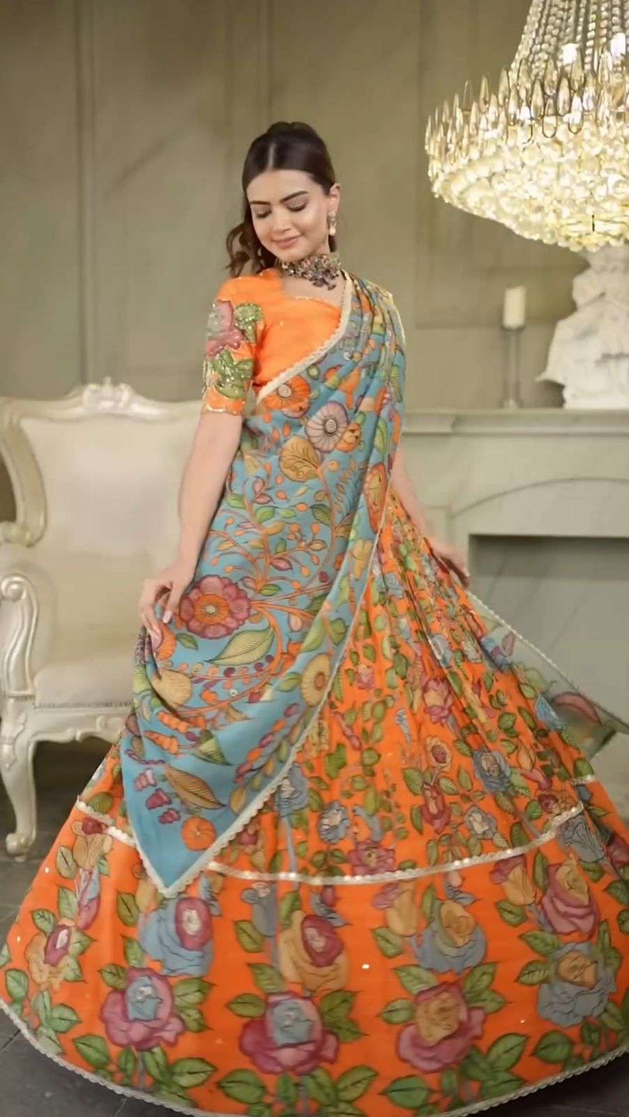 KALAMKARI PRINTED CREAP SILK ORANGE SHADES DESIGNER LEHENGA ...