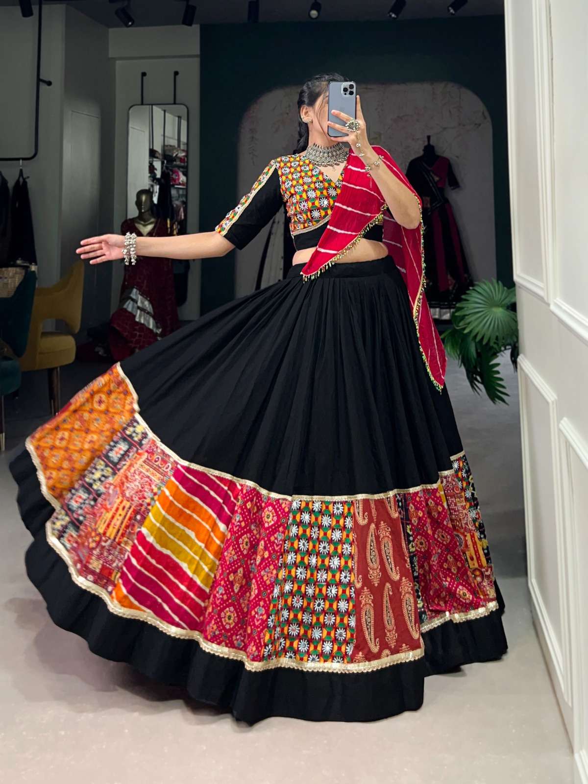 MULTI SHADES PRINTED PATCH BLACK SHADES NAVRATRI LEHENGA CHO...