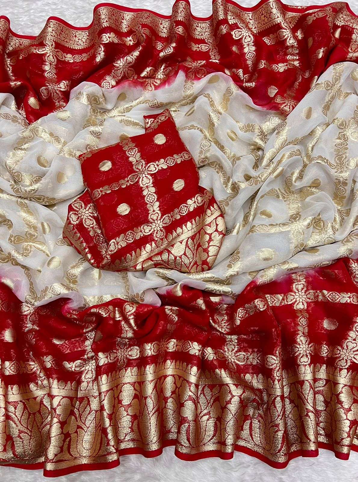 RED & WHITE SHADES GEORGETTE FABRICS JACQUARD BORDER SAREE S...