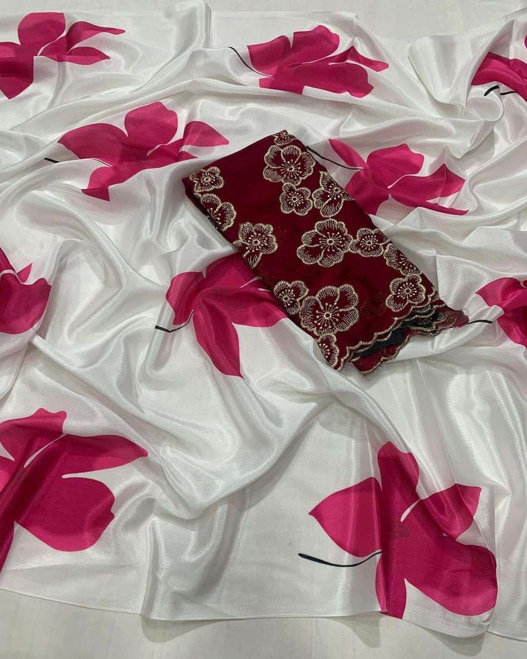 SATIN SILK FLOWER PRINTED SAREE SUPPLIER IN SURAT