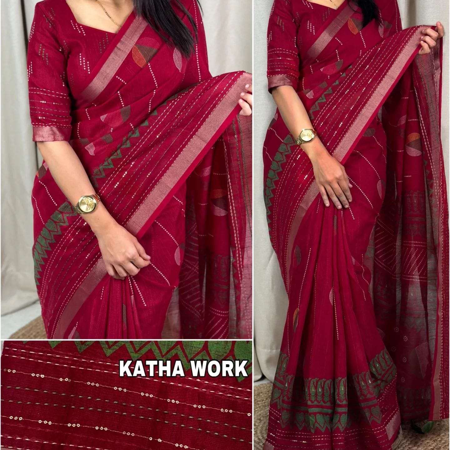 COTTON LINEN WITH KATHA WORK BORDER FANCY SAREE SUPPLIER IN ...