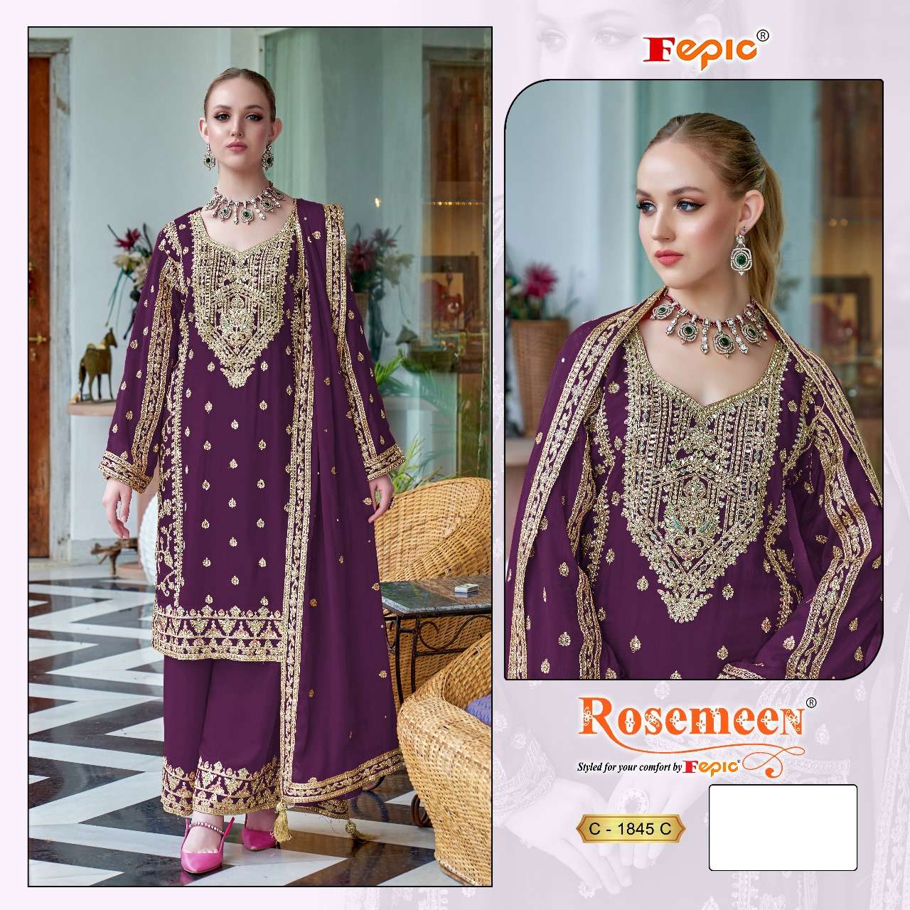 FEPIC ROSEMEEN 1845 CHINON SILK EMBROIDERY WORK PAKISTANI SU...