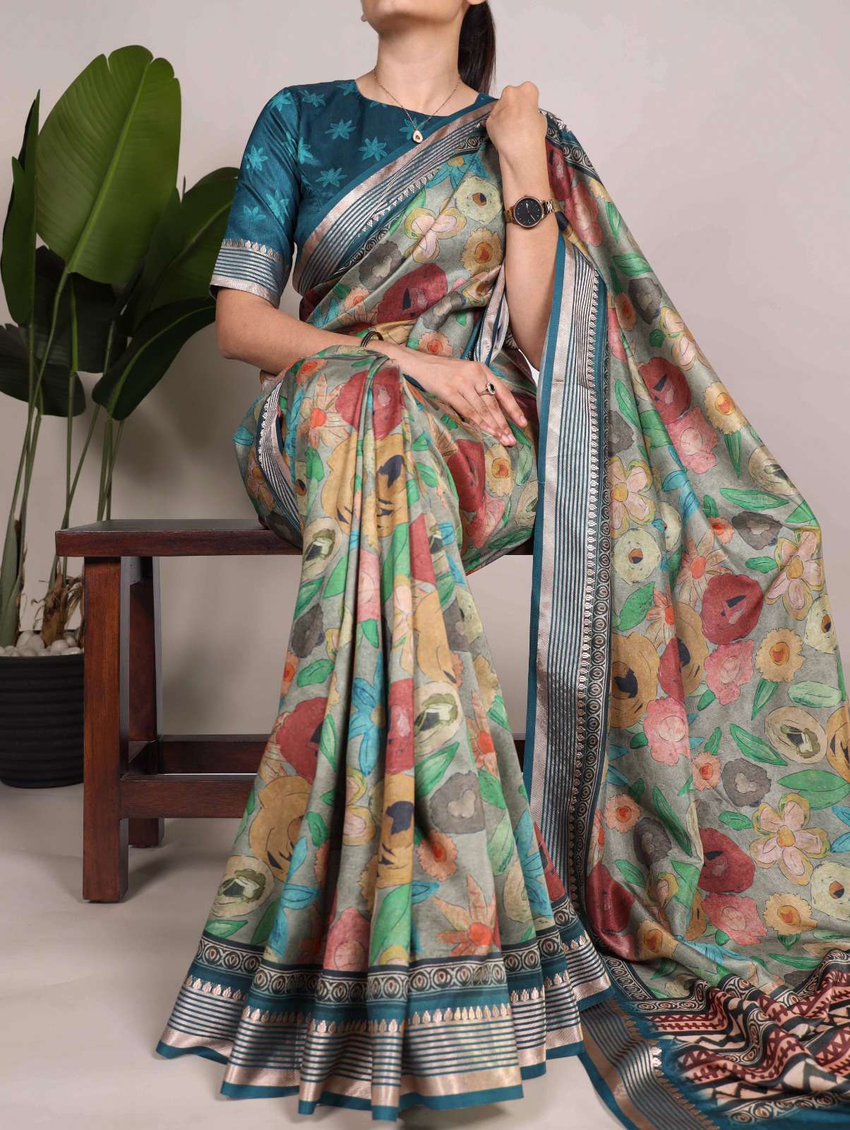 FESTIVAL SPECIAL FLOWER PRINTED TUSSER SILK SAREE SUPPLIER I...