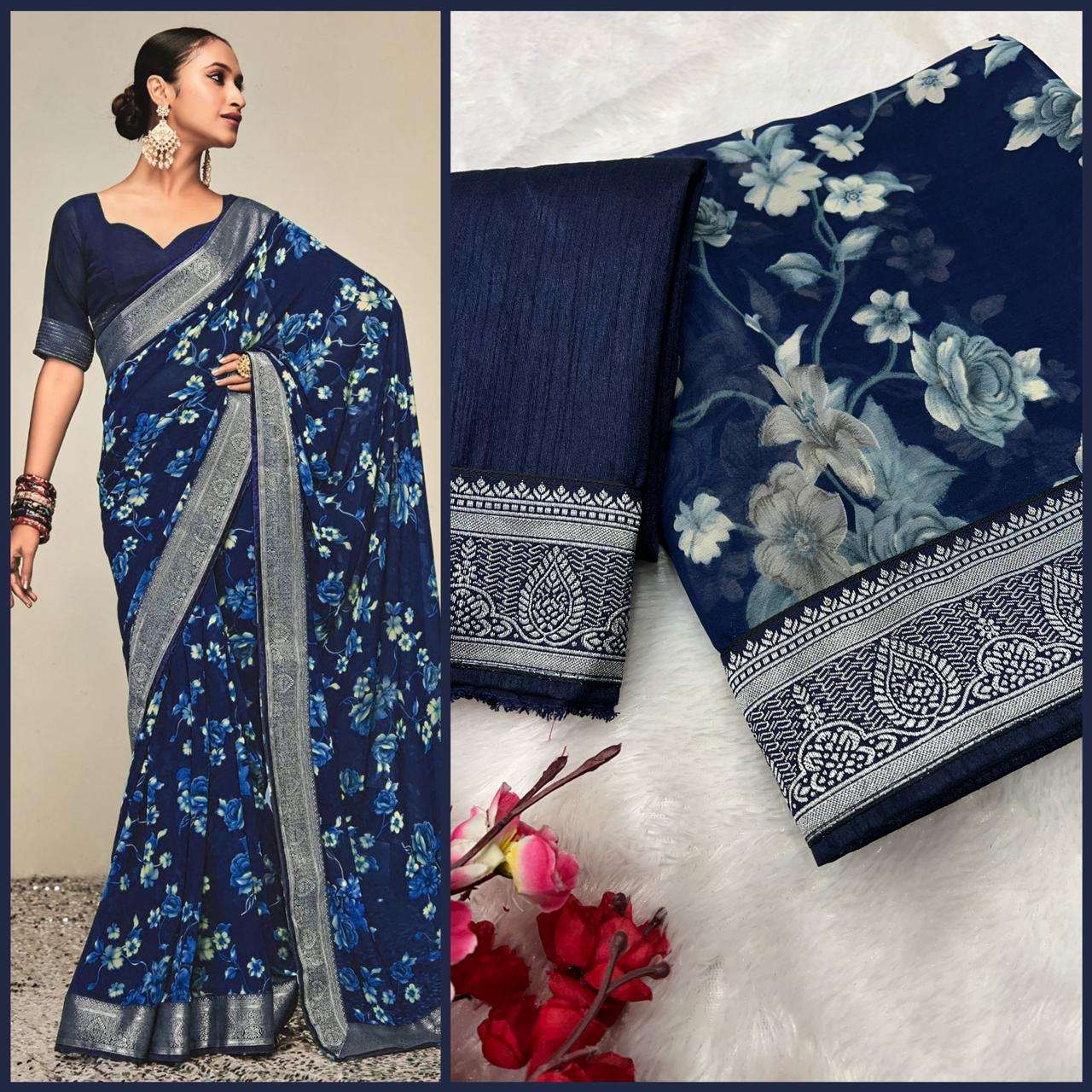 FLOWER PRINTED GEORGETTE FABRICS FANCY SAREE SUPPLIER IN SUR...