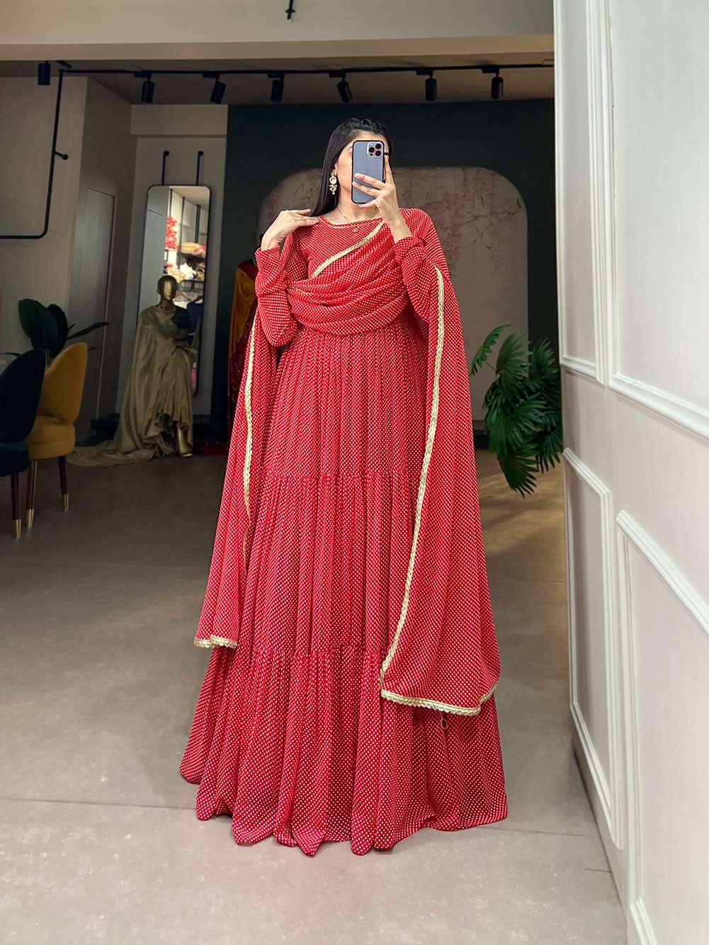 GEORGETTE WITH LONG DESIGENR RED COLOUR GOWN SUPPLIER IN SUR...