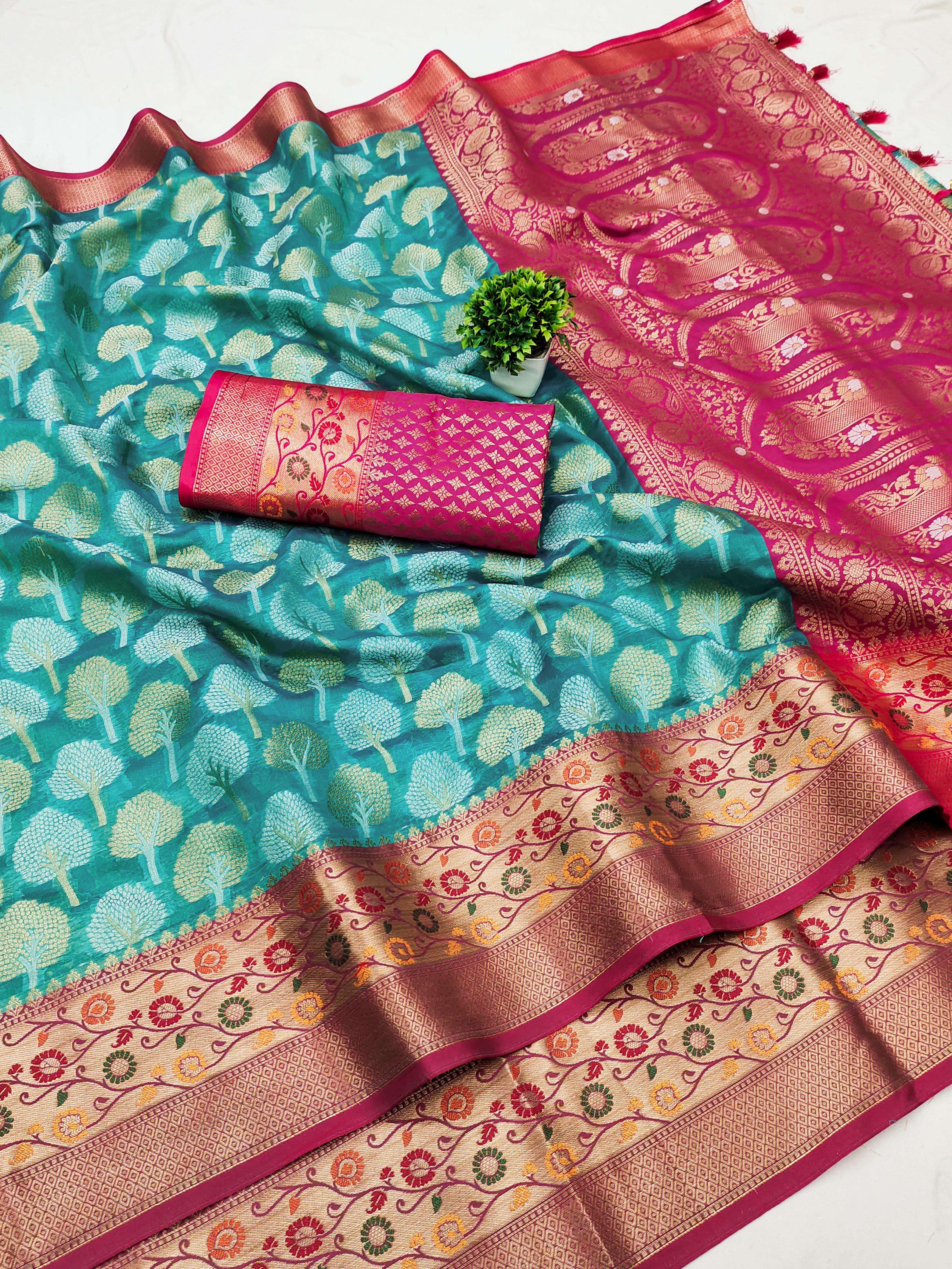 Organza silk saree with Dual zari  weaving design all over t...