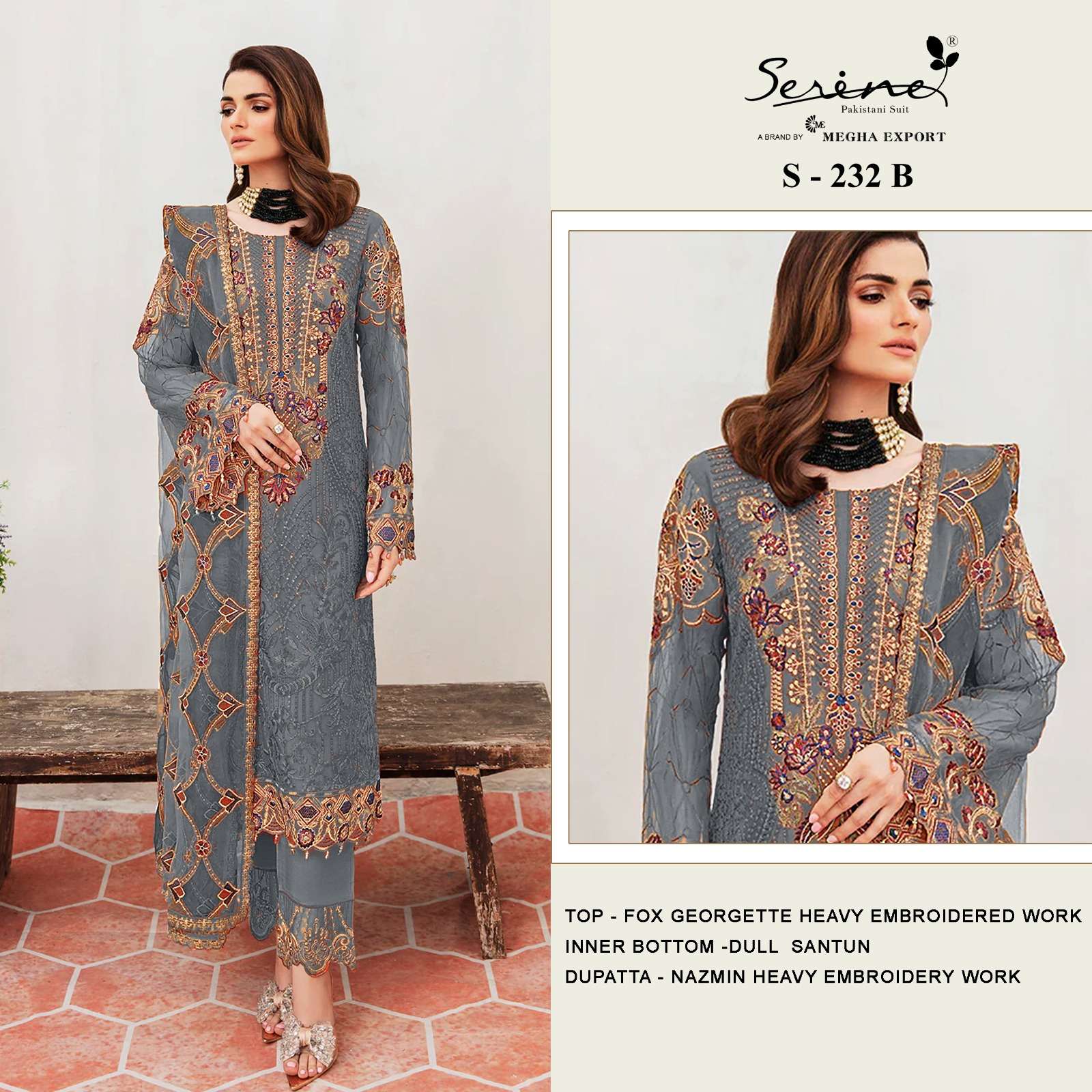 SERINE 232 GEORGETTE EMBROIDERY WORK PAKISTANI SUITS SUPPLIE...