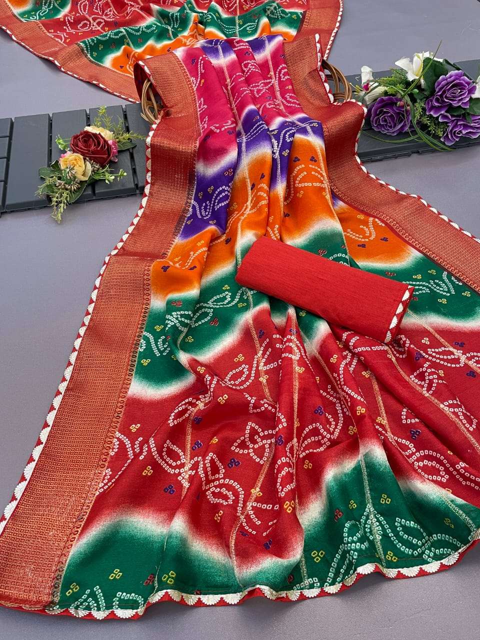 SOFT DOLA SILK JAIPURI BANDHEJ PRINTED MALTI COLOUR SAREE SU...