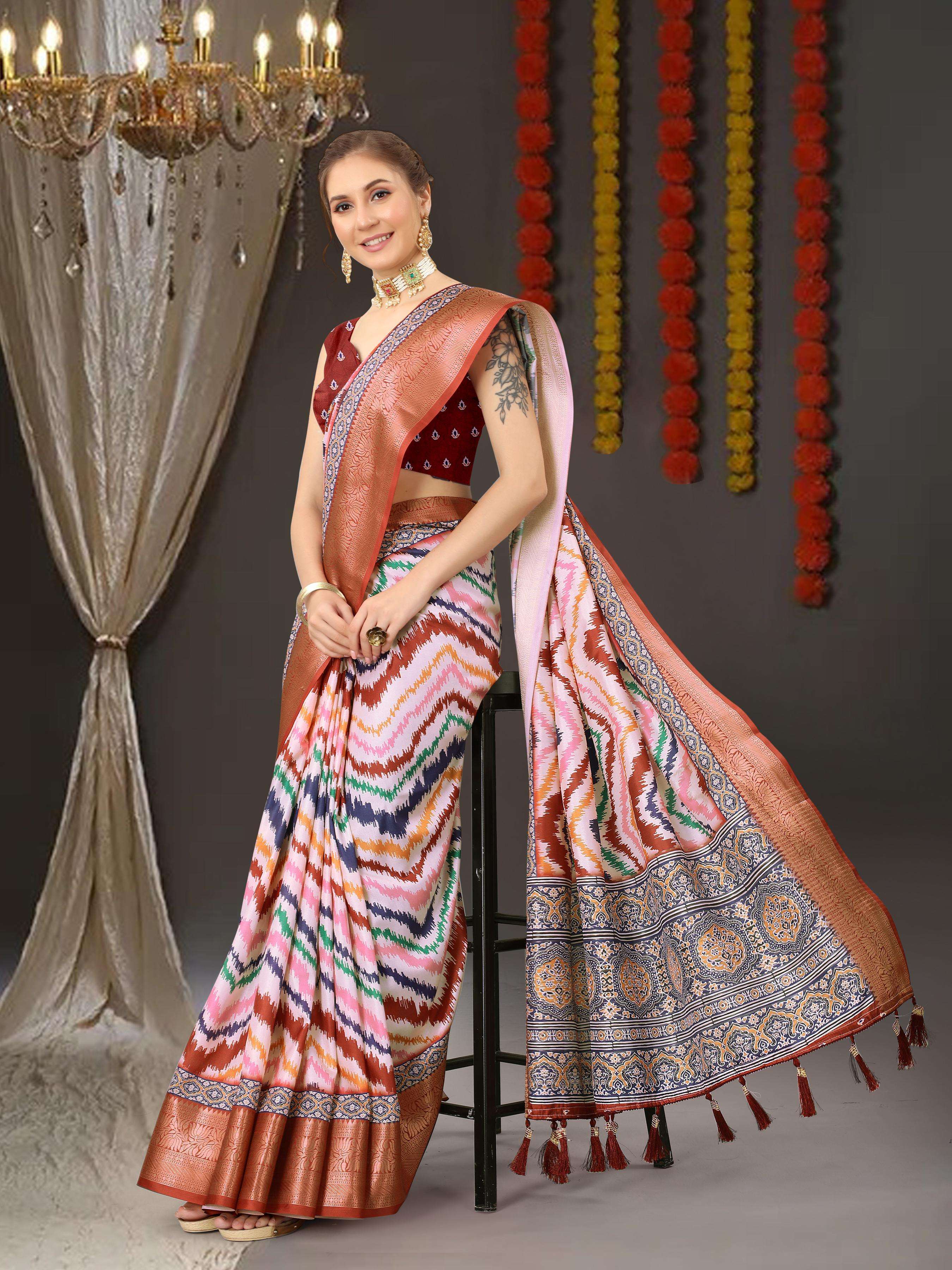 Soft silk saree with zigzag print design all over the saree ...