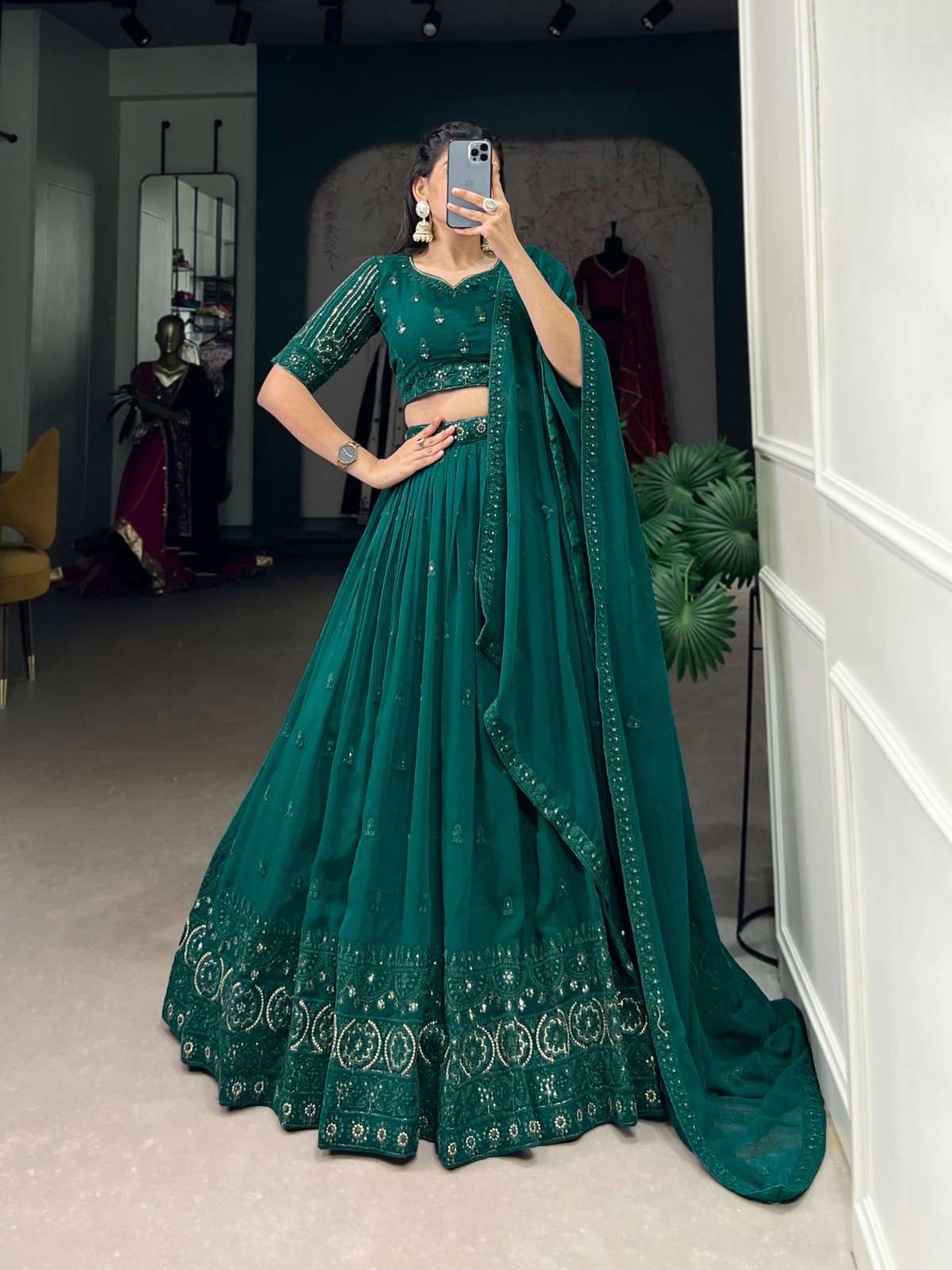 TRADITIONAL GREEN COLOUR  GEORGETTE FANCY DESINER LEHENGA CH...