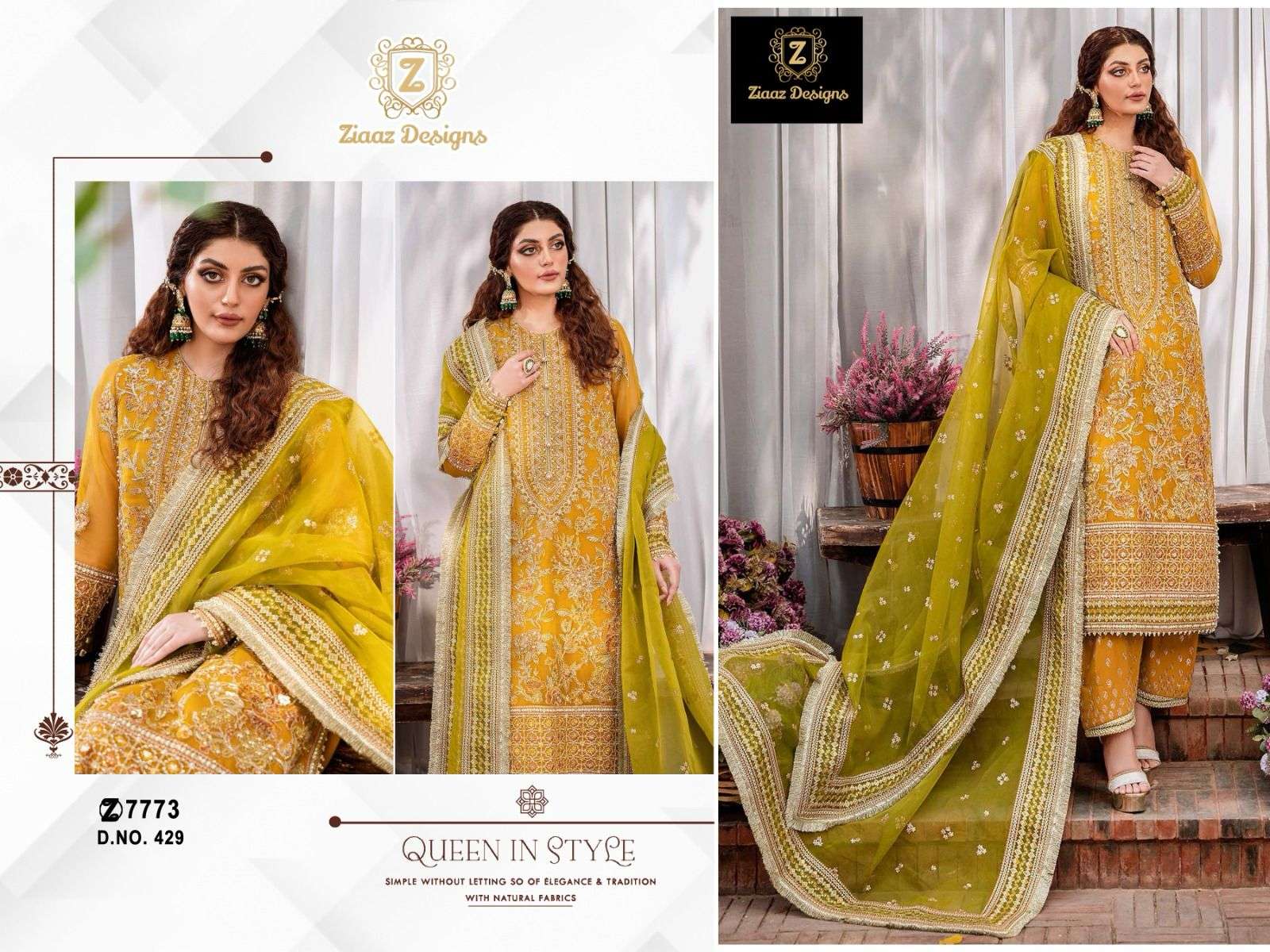 ZIAAZ 429 GEORGETTE EMBROIDERY WORK YELLOW PAKISTANI SUITS S...