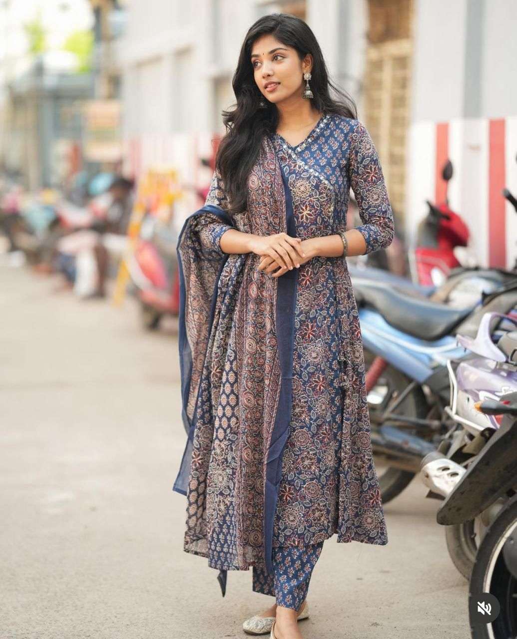 Ajrakh printed blue shades Cotton fabric ready made suits su...