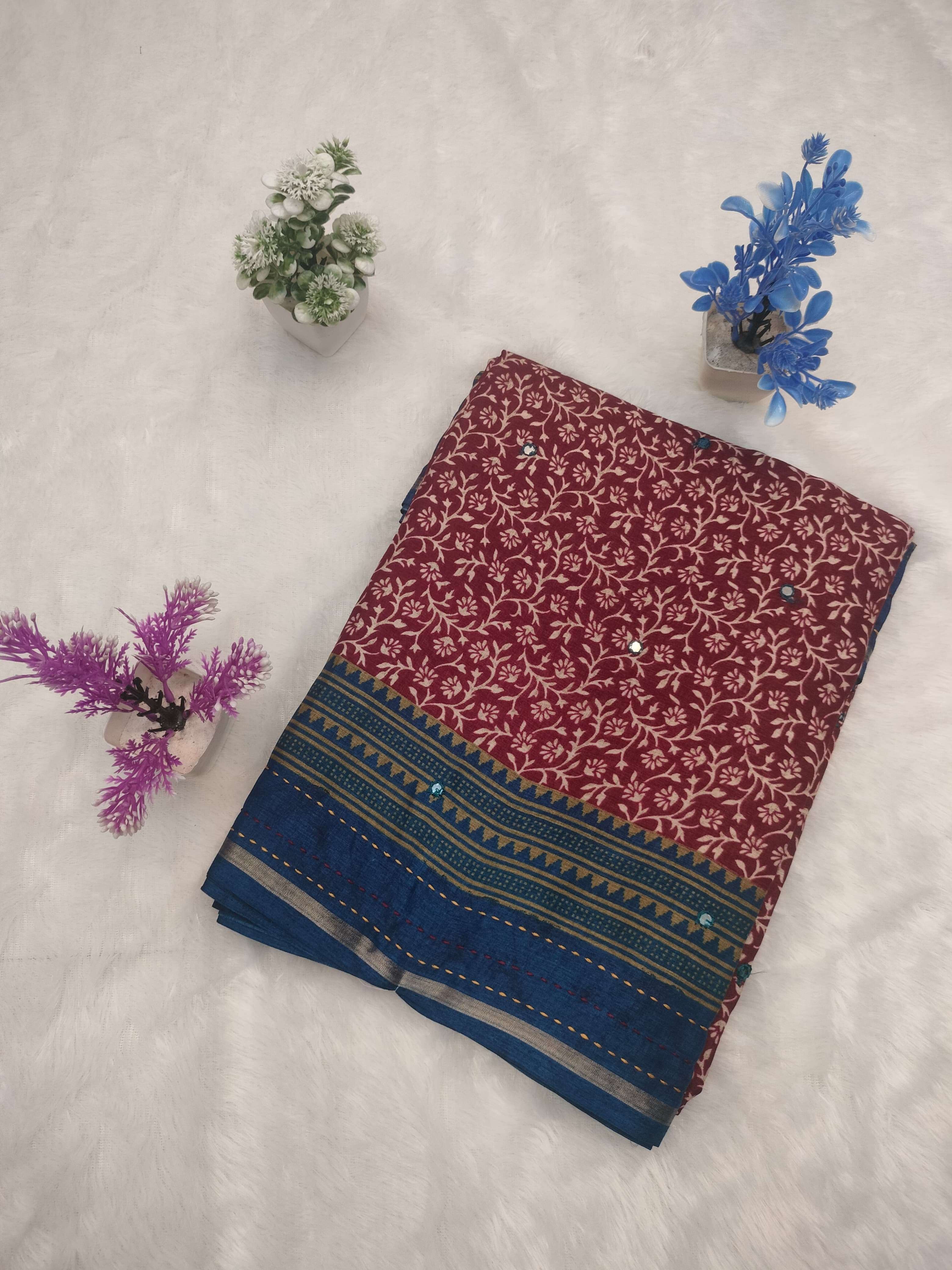 Ajrakh Printed With katha Work Fancy Look Cotton Fabric Sare...