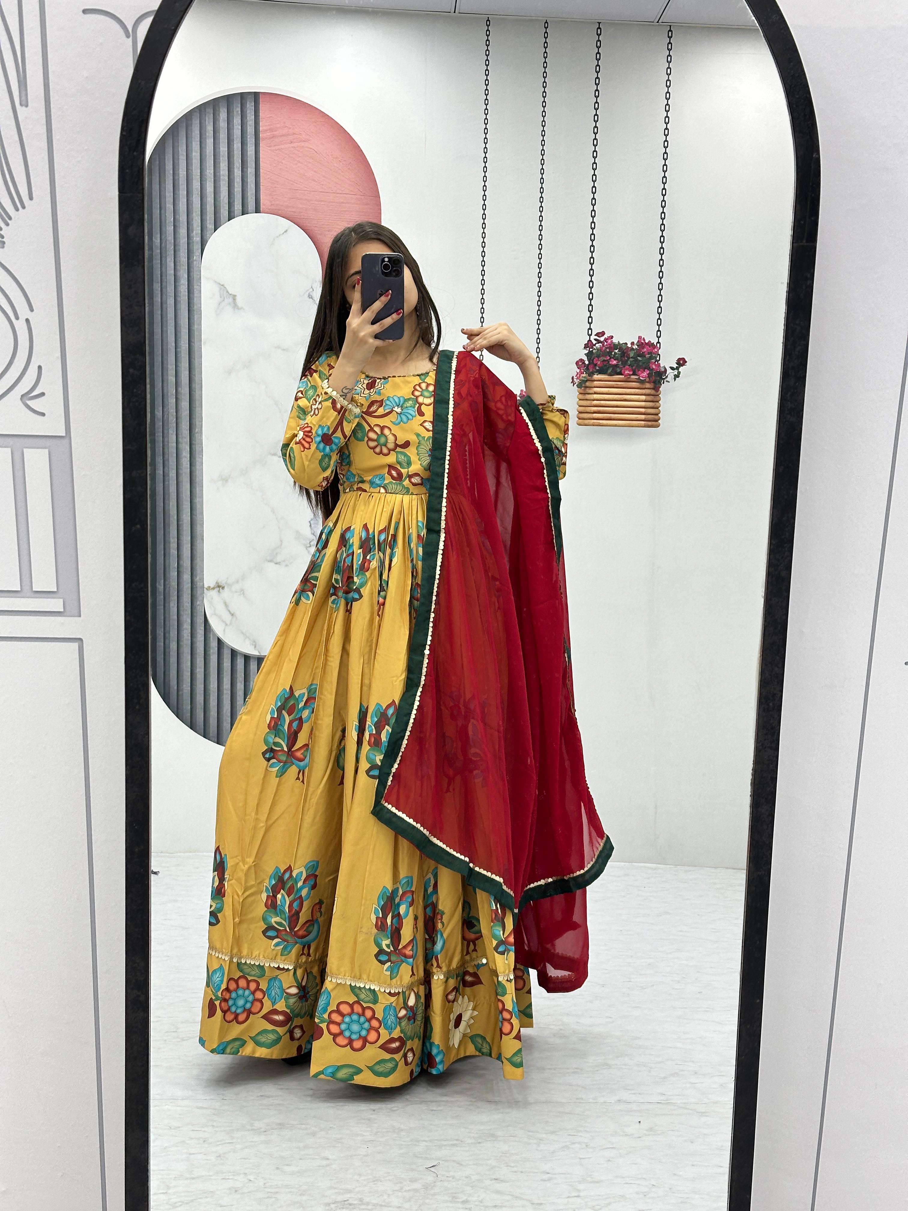 Anarkali Style Yellow Shades Crepe Fabrics Digital Printed L...