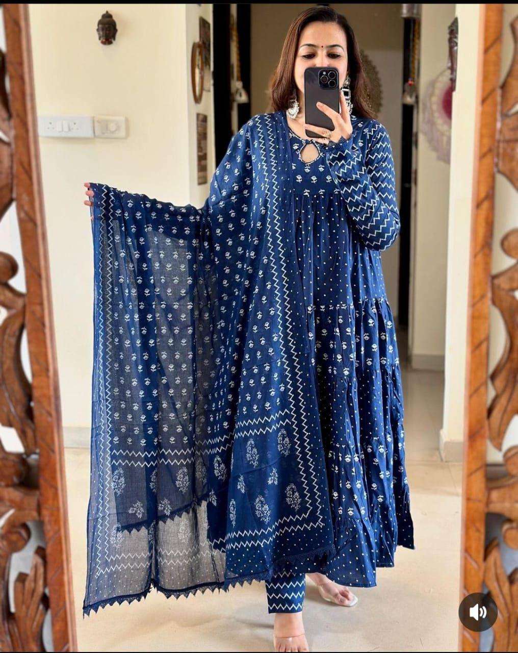 Cotton Printed Long Anrkali Style Blue Shades Kurti SUpplier...