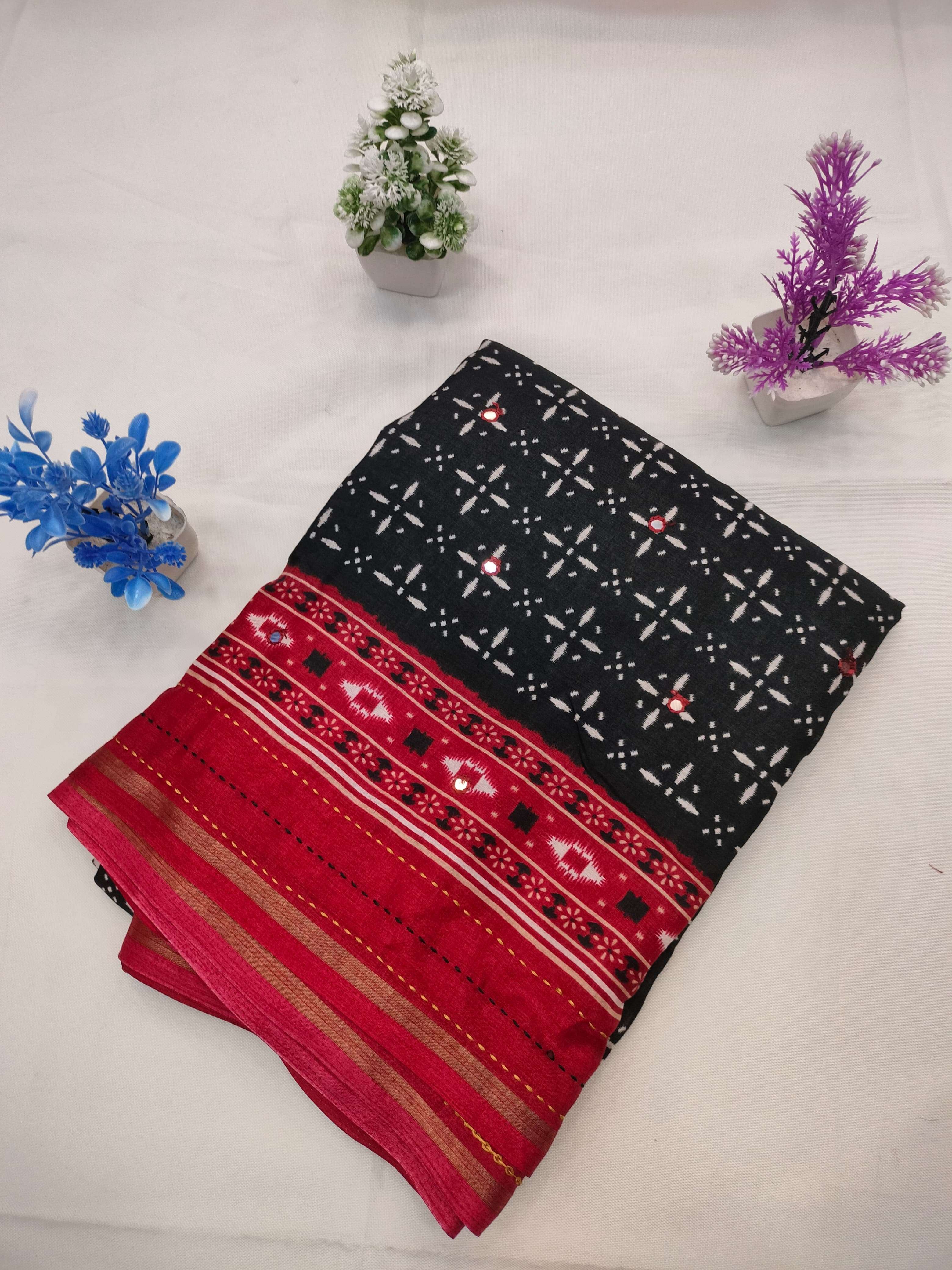 Cotton With Ajrakh Printed Fancy Soft Material Saree Supplie...