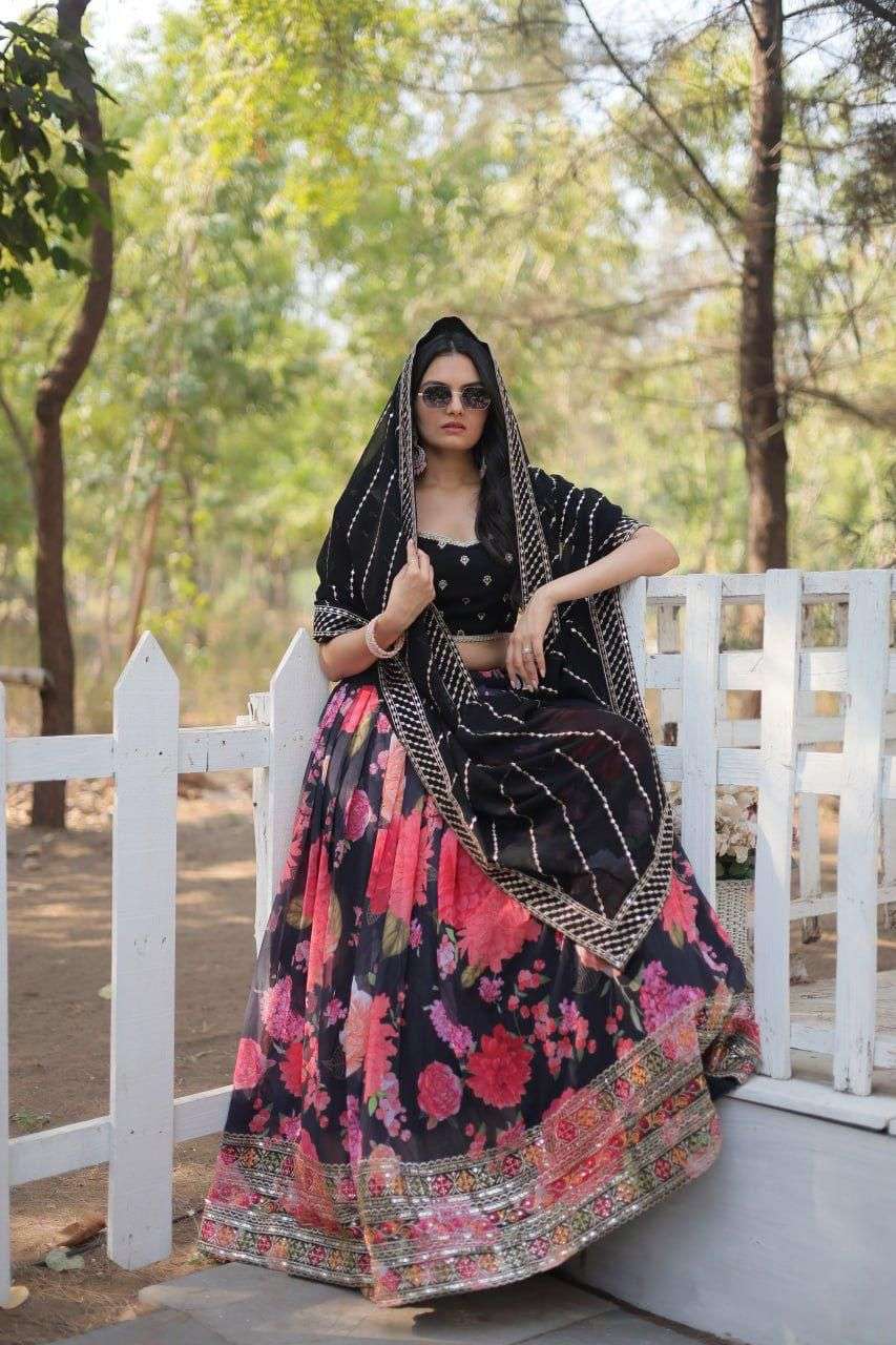 FLOWER PRINTED BLACK SHADES GEORGETTE FABRIC FANCY LEHENGA C...