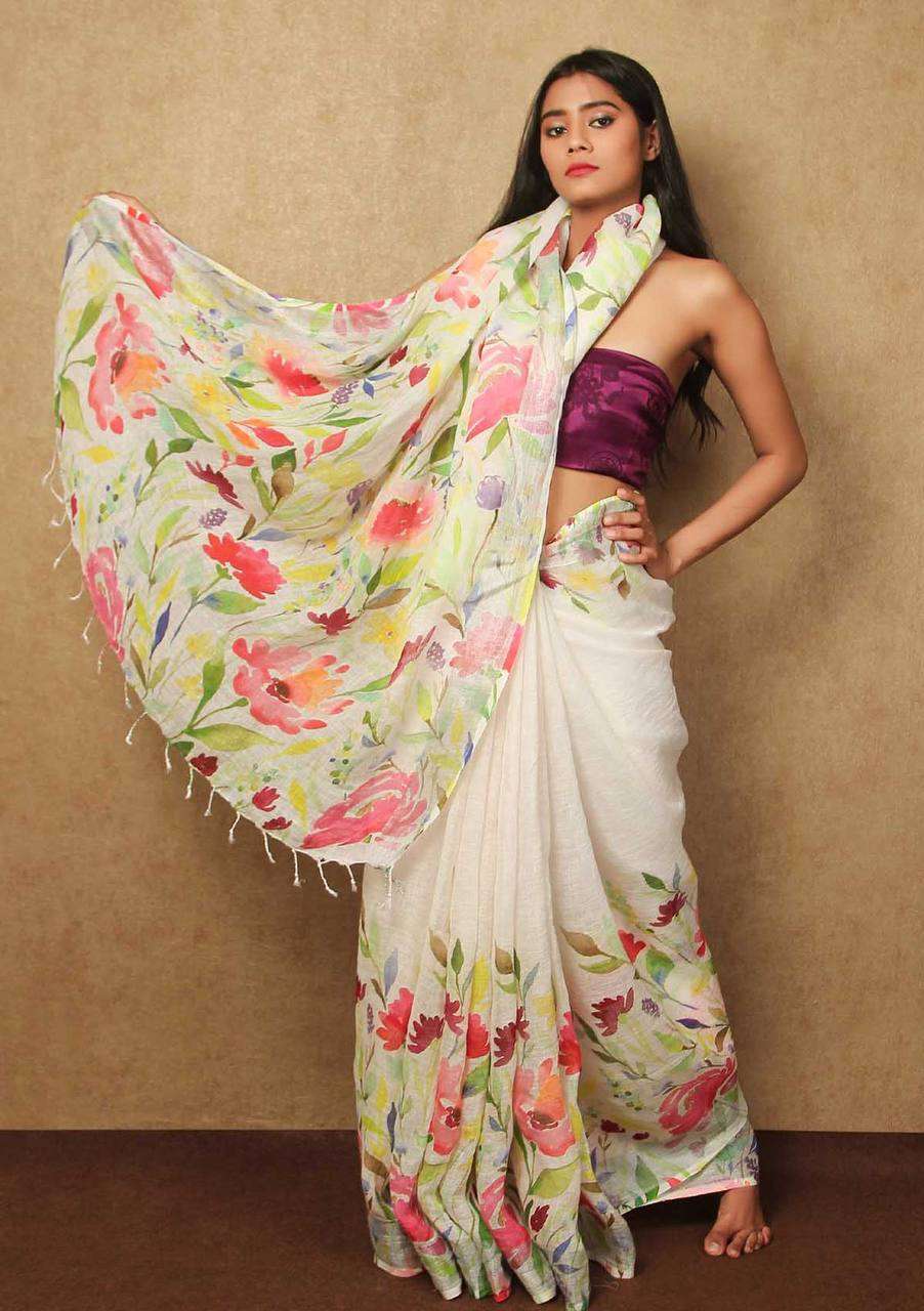 flower printed Linen Fabrics Fancy look Saree SUpplier in SU...