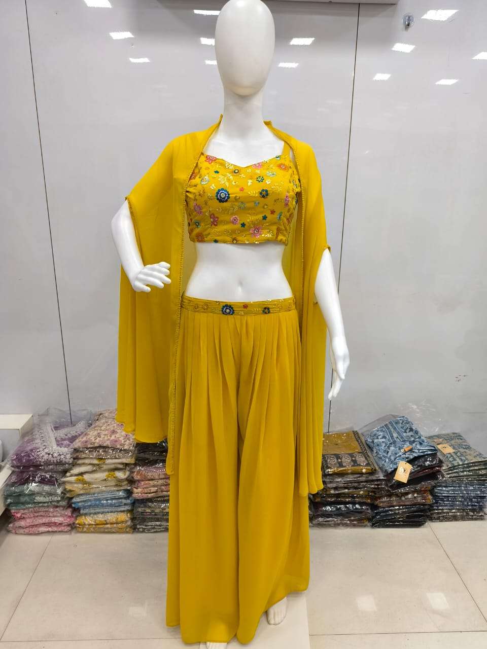 Haldi Function Special Yellow Shades Georgette Fabrics Embro...