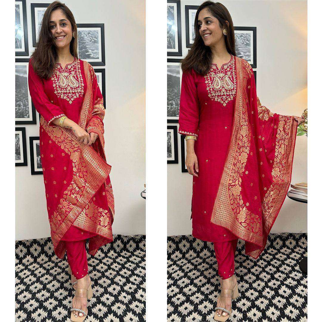 Red silk salwar kameez ready to wear 3 pc suit for women