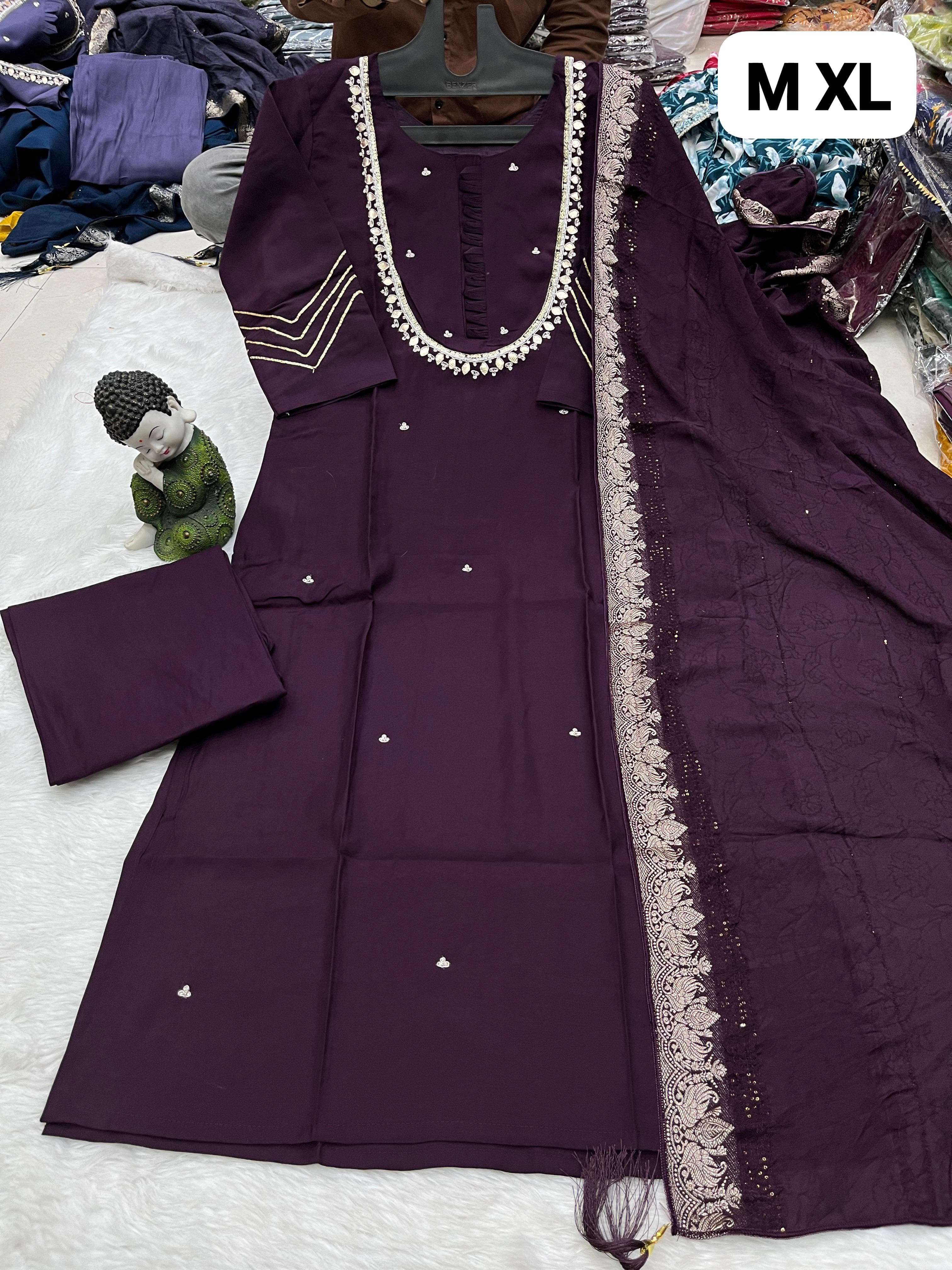 Roman Silk WIth Heavy Neck Work Readymade Suits Supplier in ...