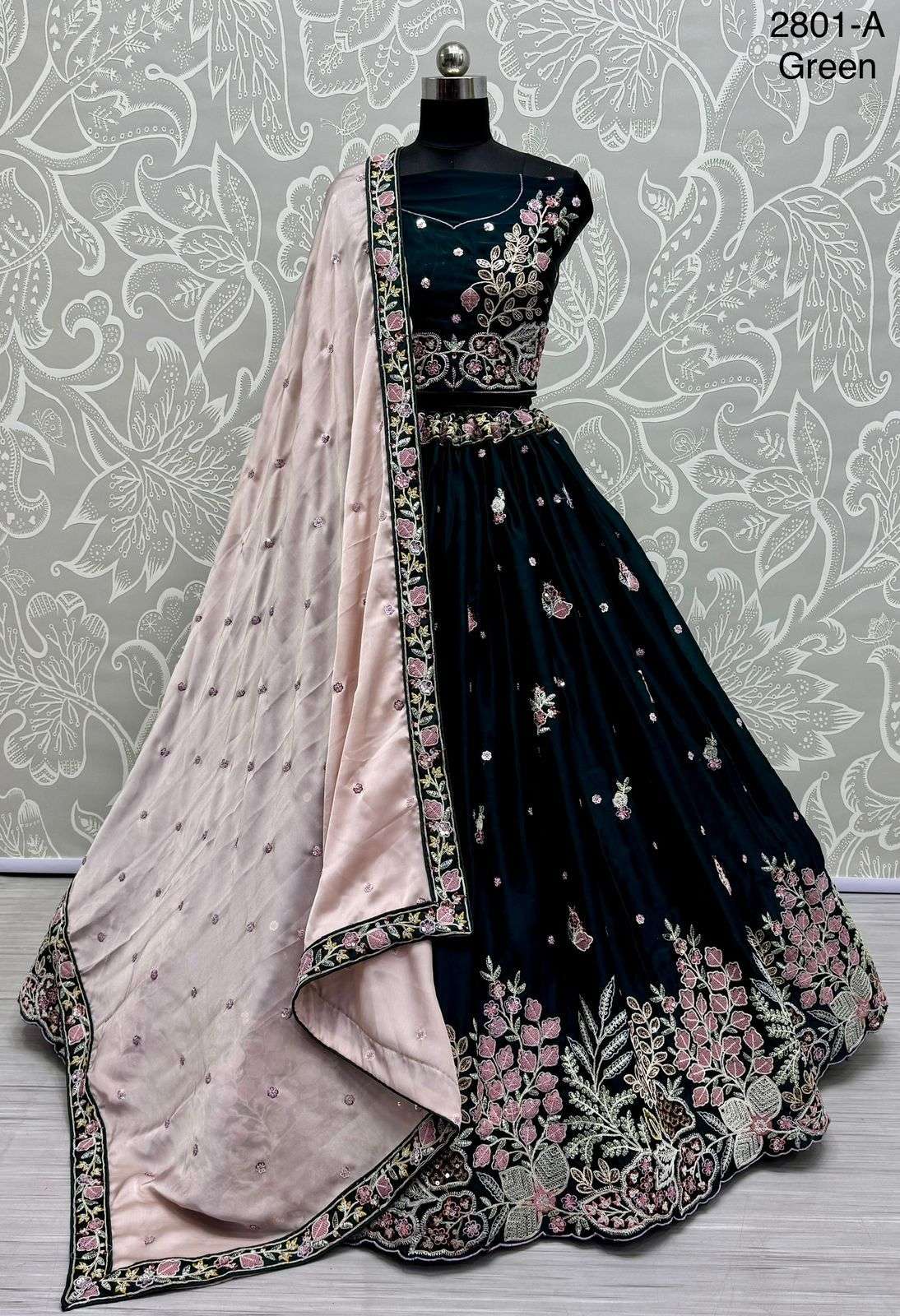 Wedding special silk fabric hand embroidery work lehenga cho...