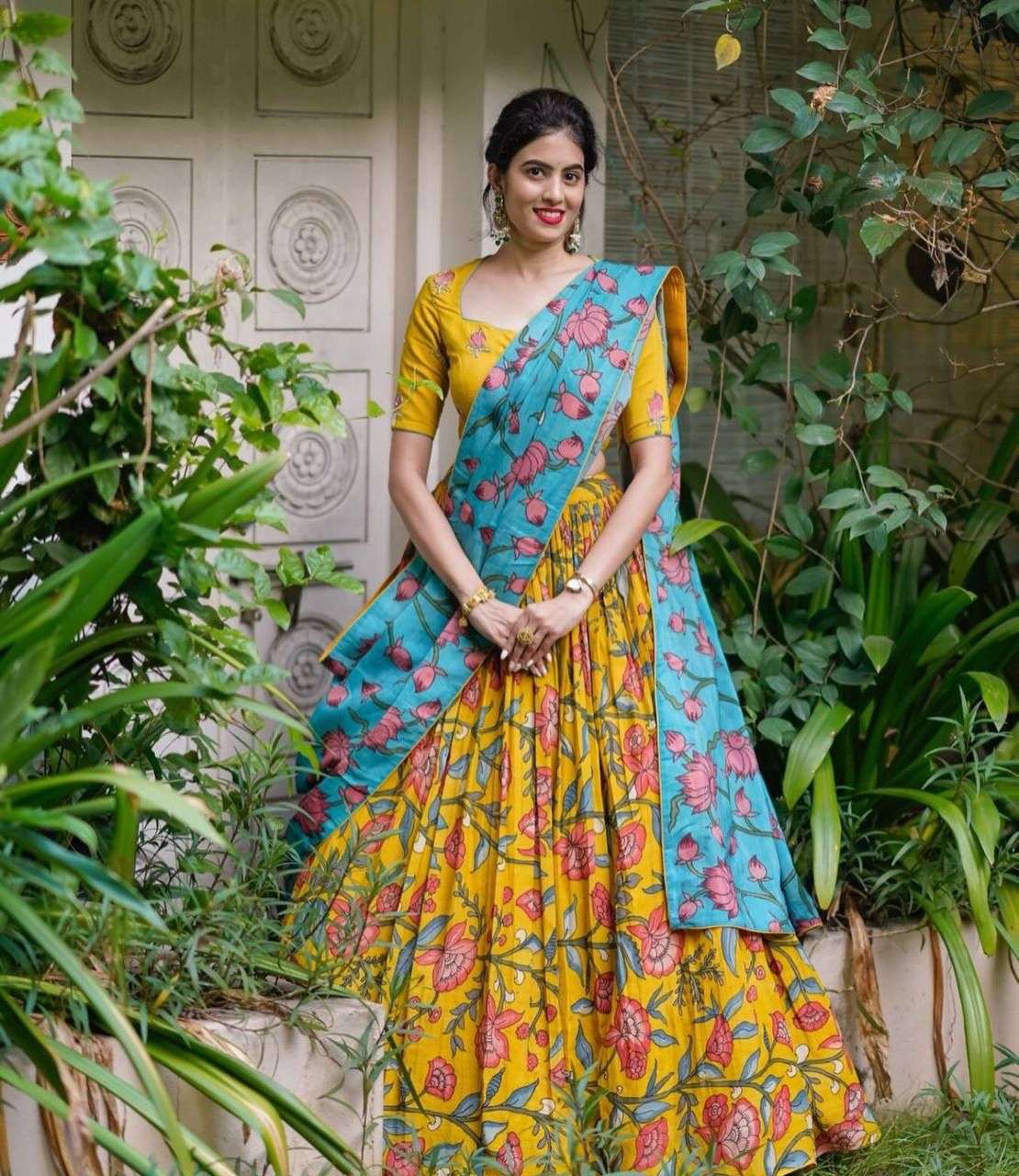 Yellow shades Kalamakari printed Crepe silk lehenga choli su...