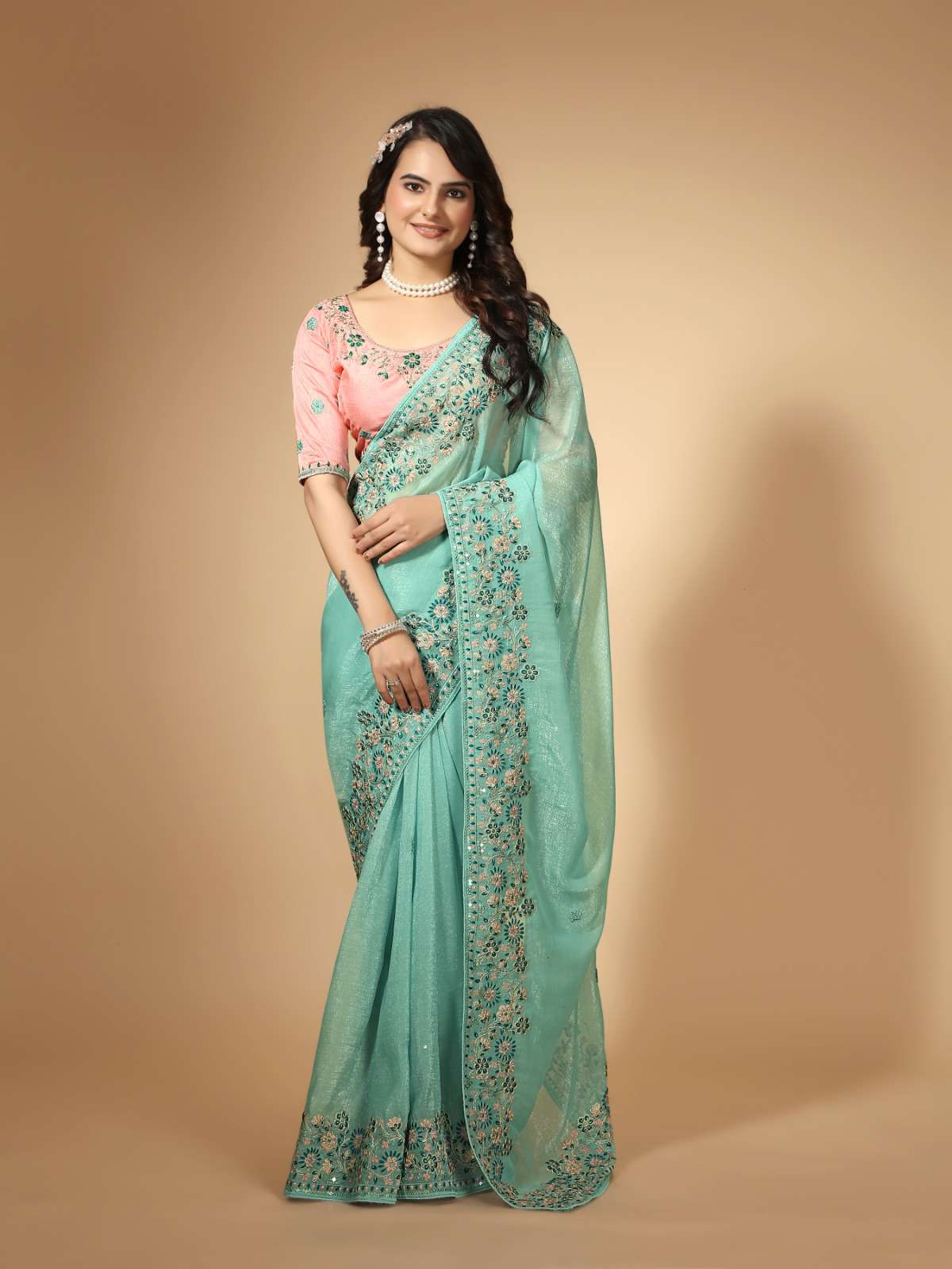 Function Special  SKy blue Shades Organza Silk Fabric Saree ...