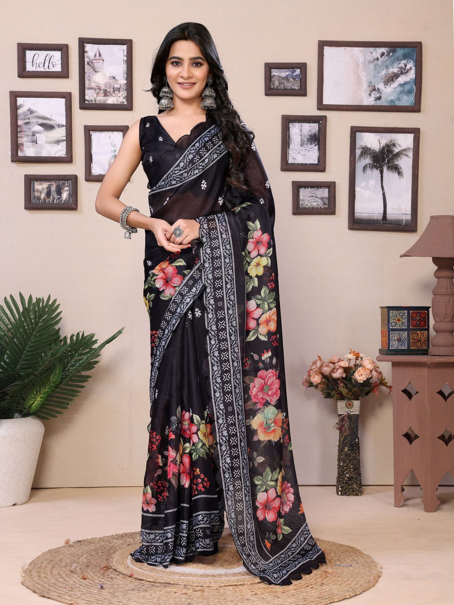 Kota doriya flower printed fancy look Ready to wear saree su...