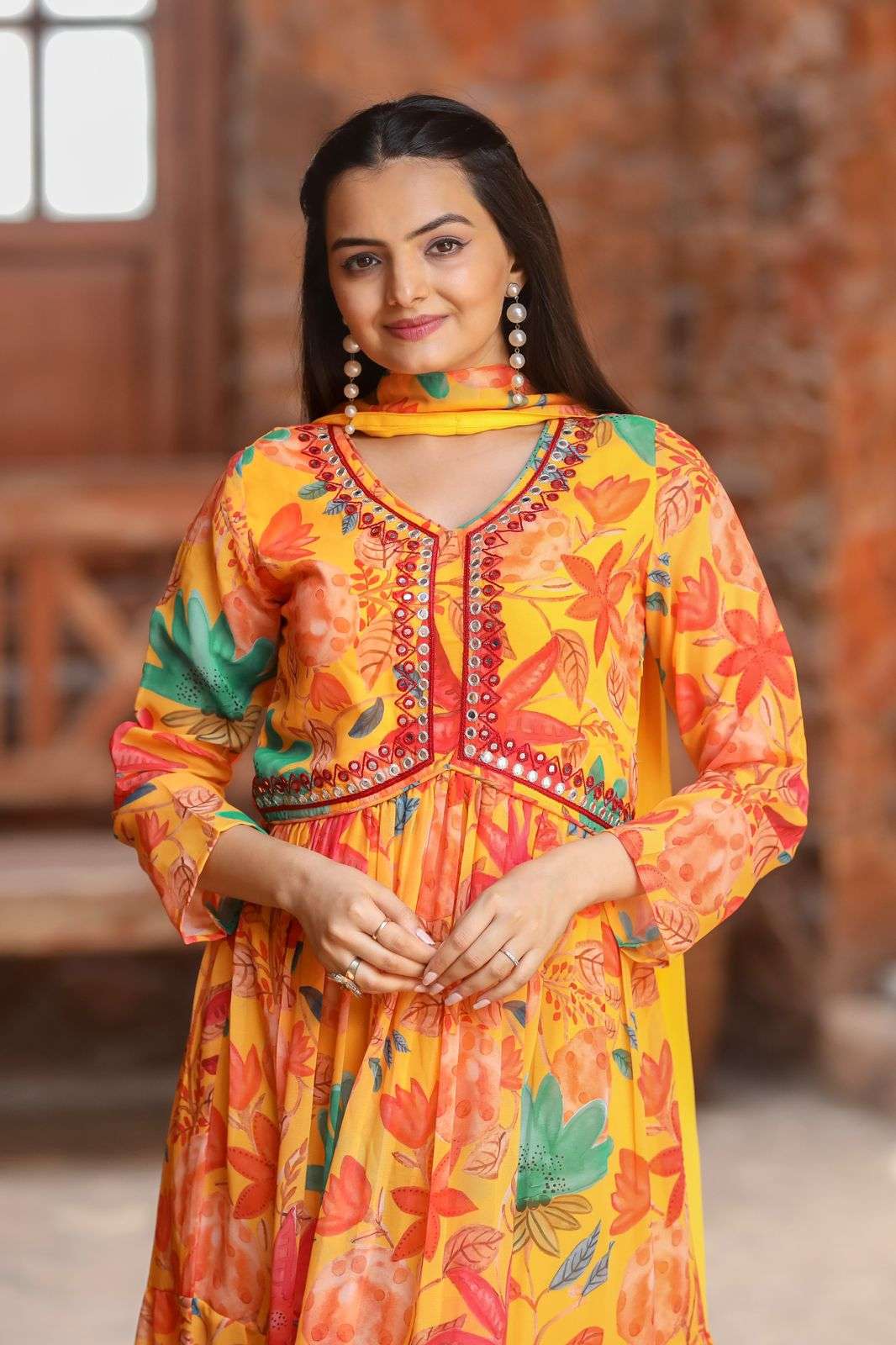 LADY MULTICOLOR ANARKALI MIRROR WORK SUIT DEALER IN SURAT