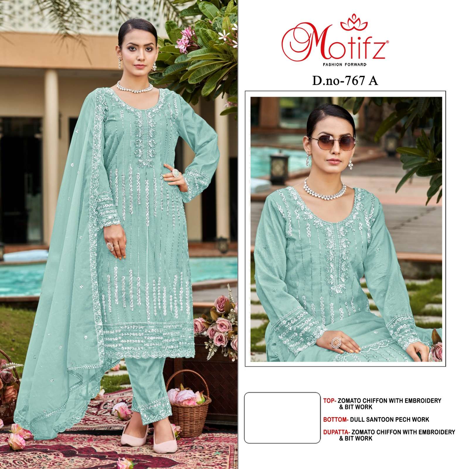 MOTIFZ 767 CIFFON EMBROIDERY WORK PARTY WEAR SUIT MATERIAL D...