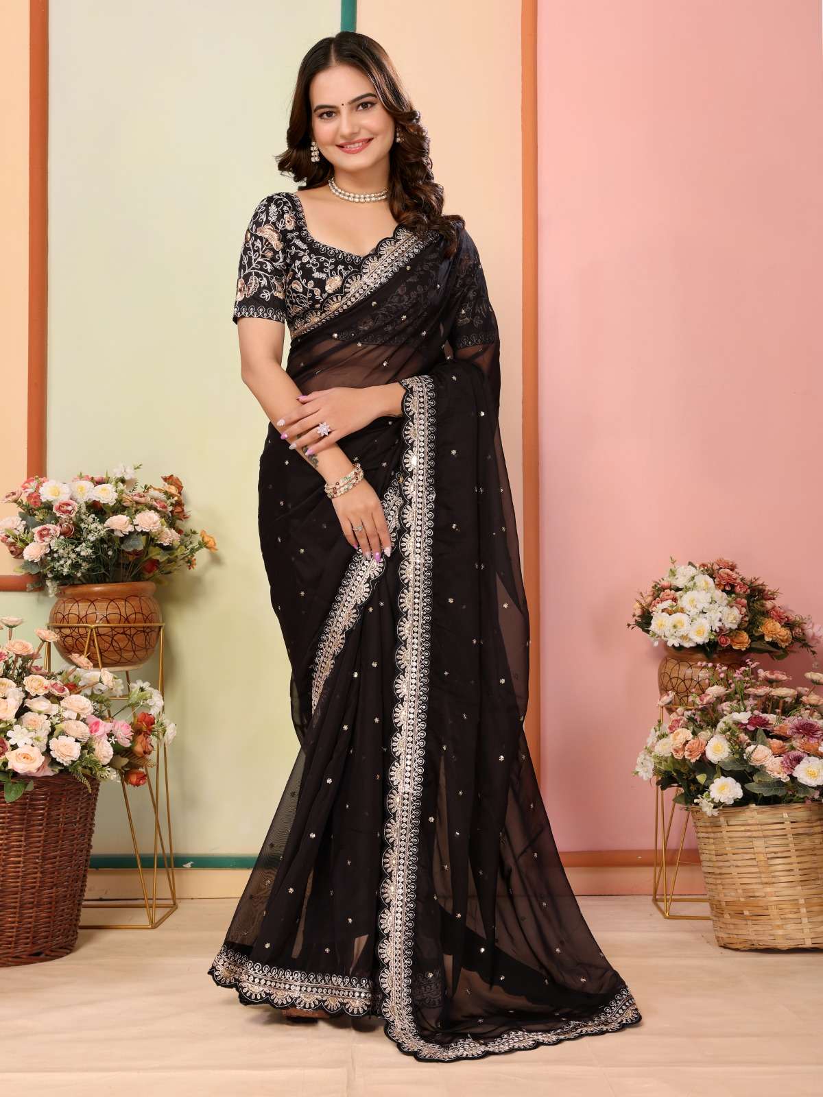 Organza with heavy border fancy saree supplier in surat Anja...