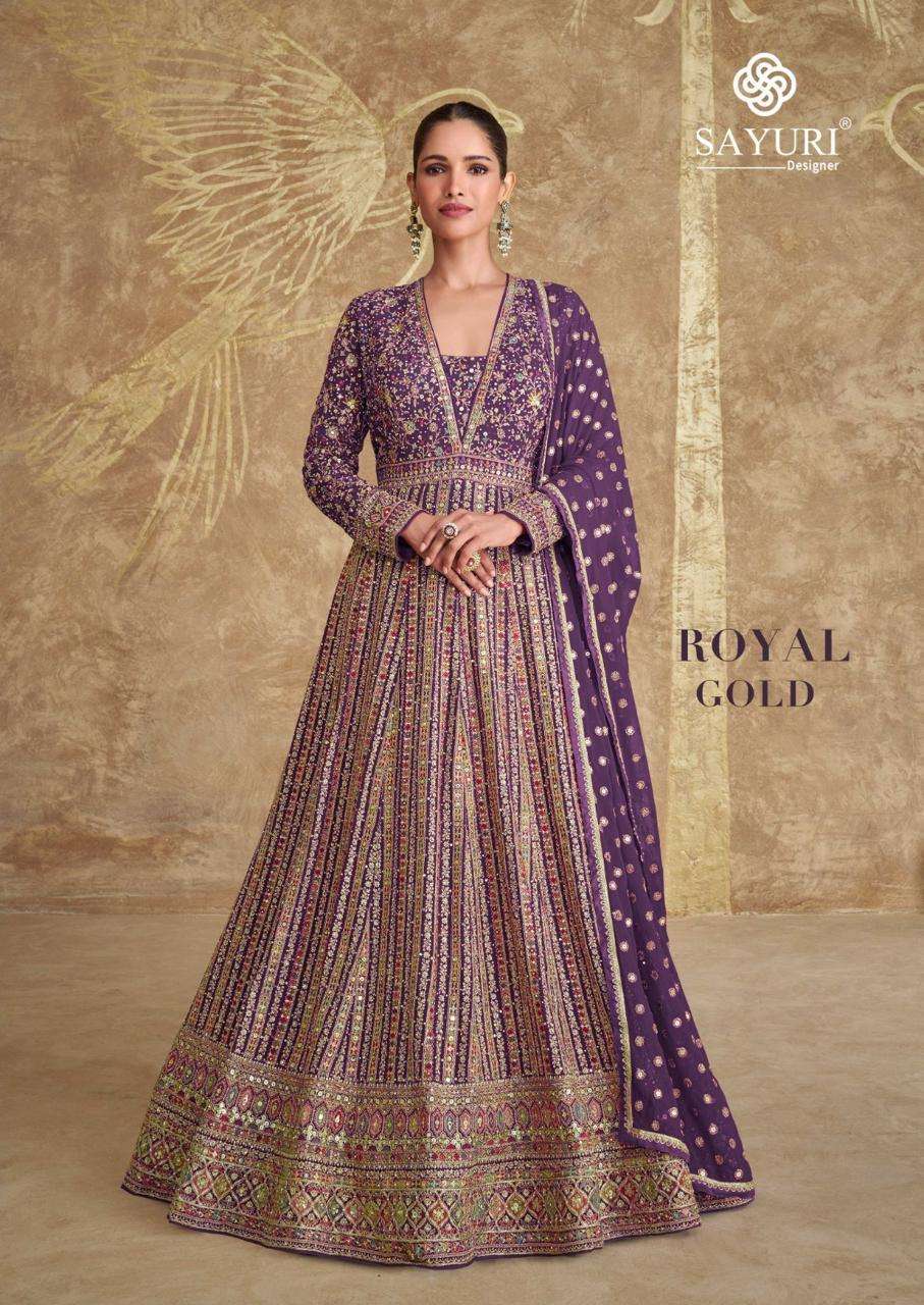 SAYURI DESIGNER ROYAL GOLD 5652 COLOUR GEORGETTE FABRICS LON...