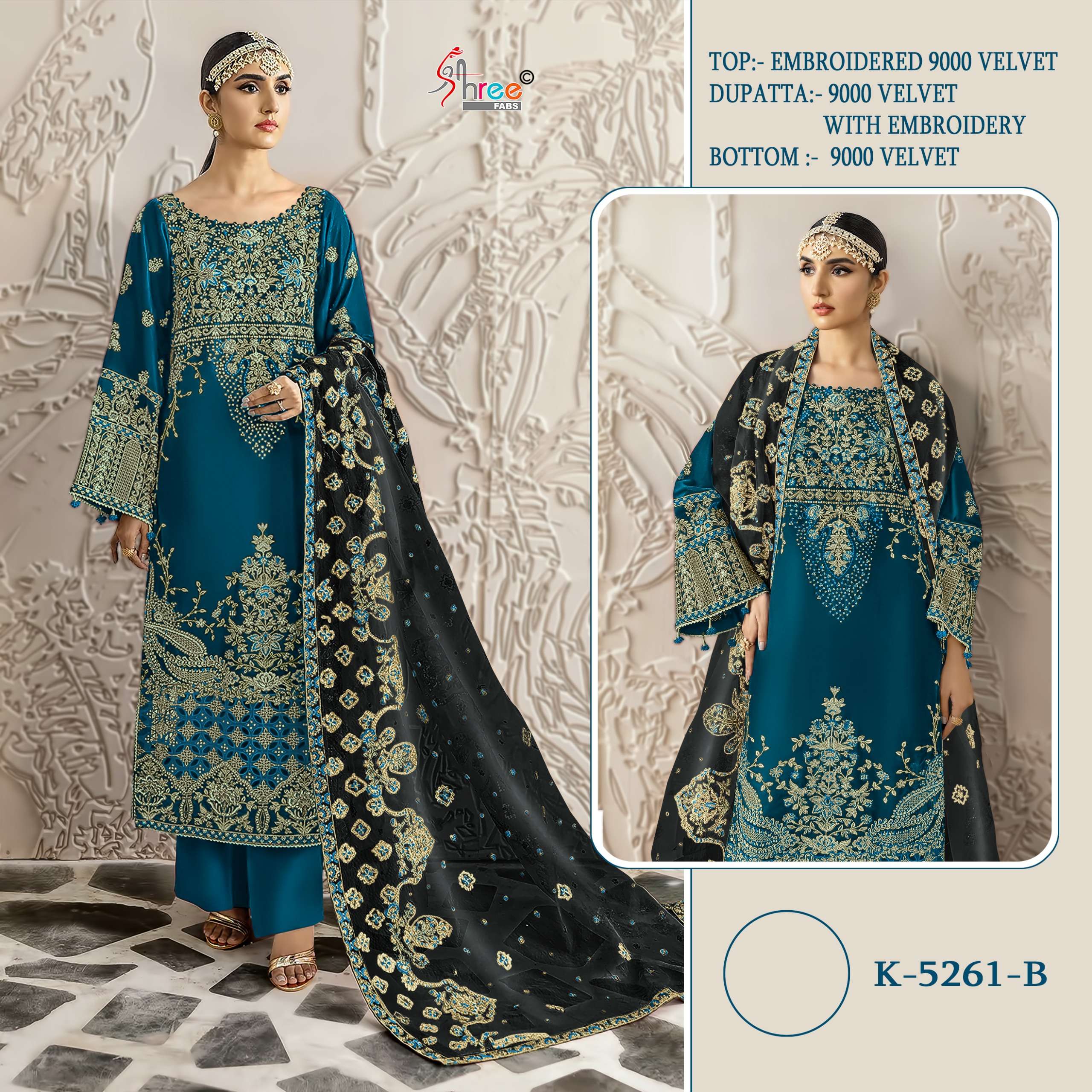 SHREE FABS K-5261 VELVET 9000 EMBROIDERY SUIT  MATERIAL DEAL...