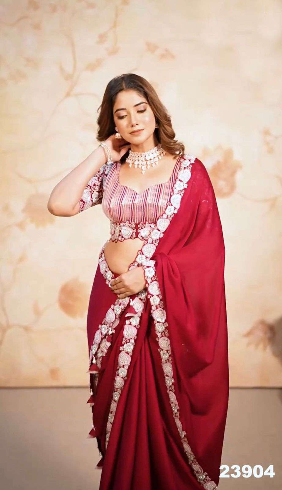 Traditional look red color Satin chiffon Sequence embroidery...