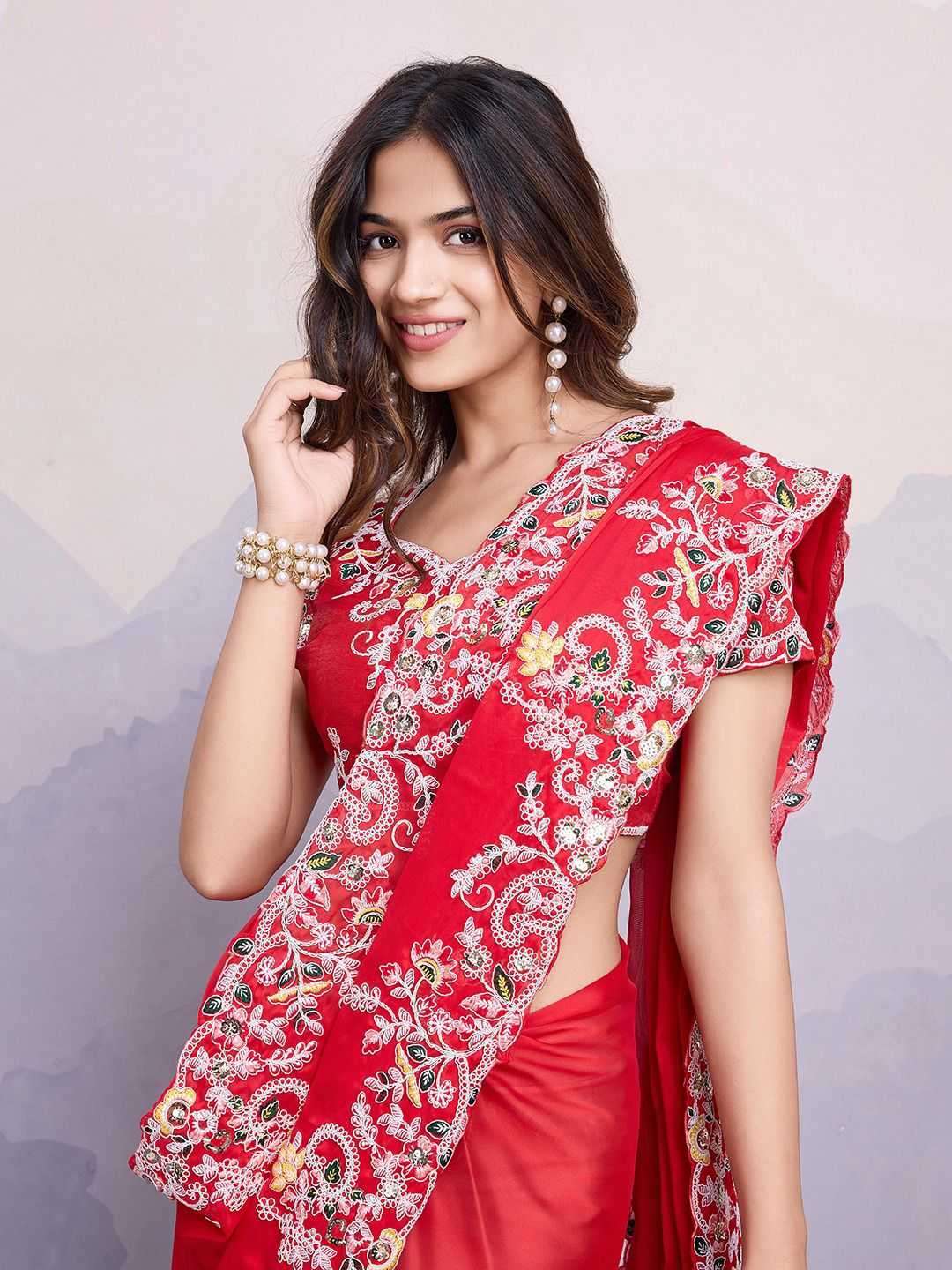 TRADITIONAL RED SHADES RANGOLI SILK WITH HEAVY EMBROIDERY BO...