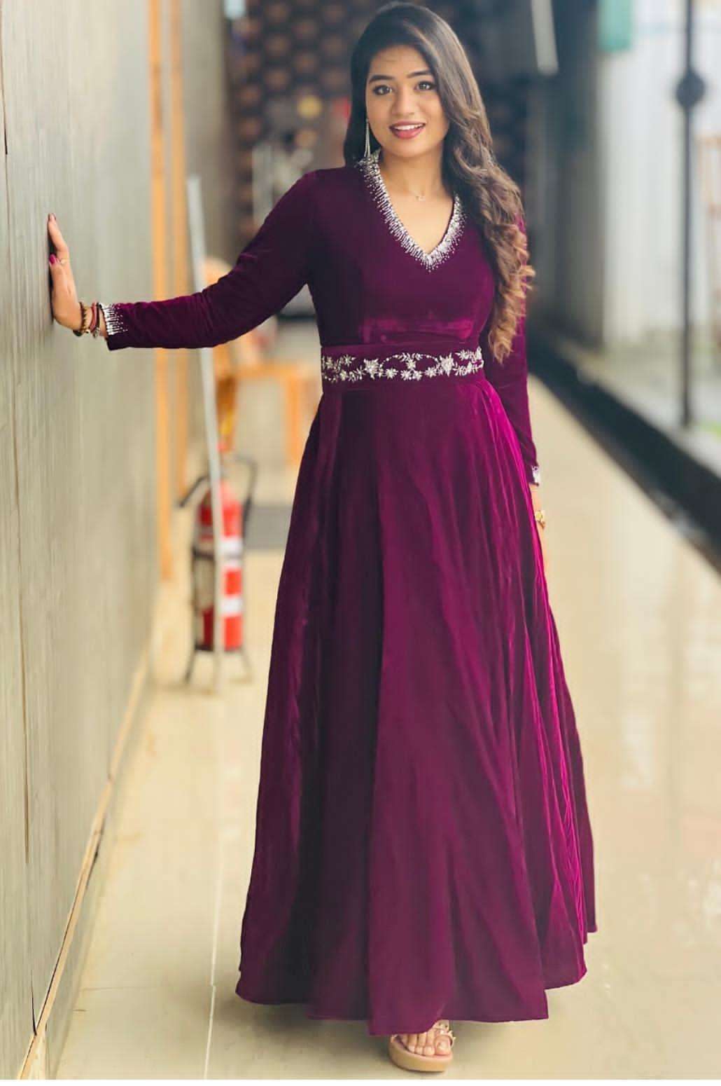 Velvet with neck codding work long gown style kurti supplier...