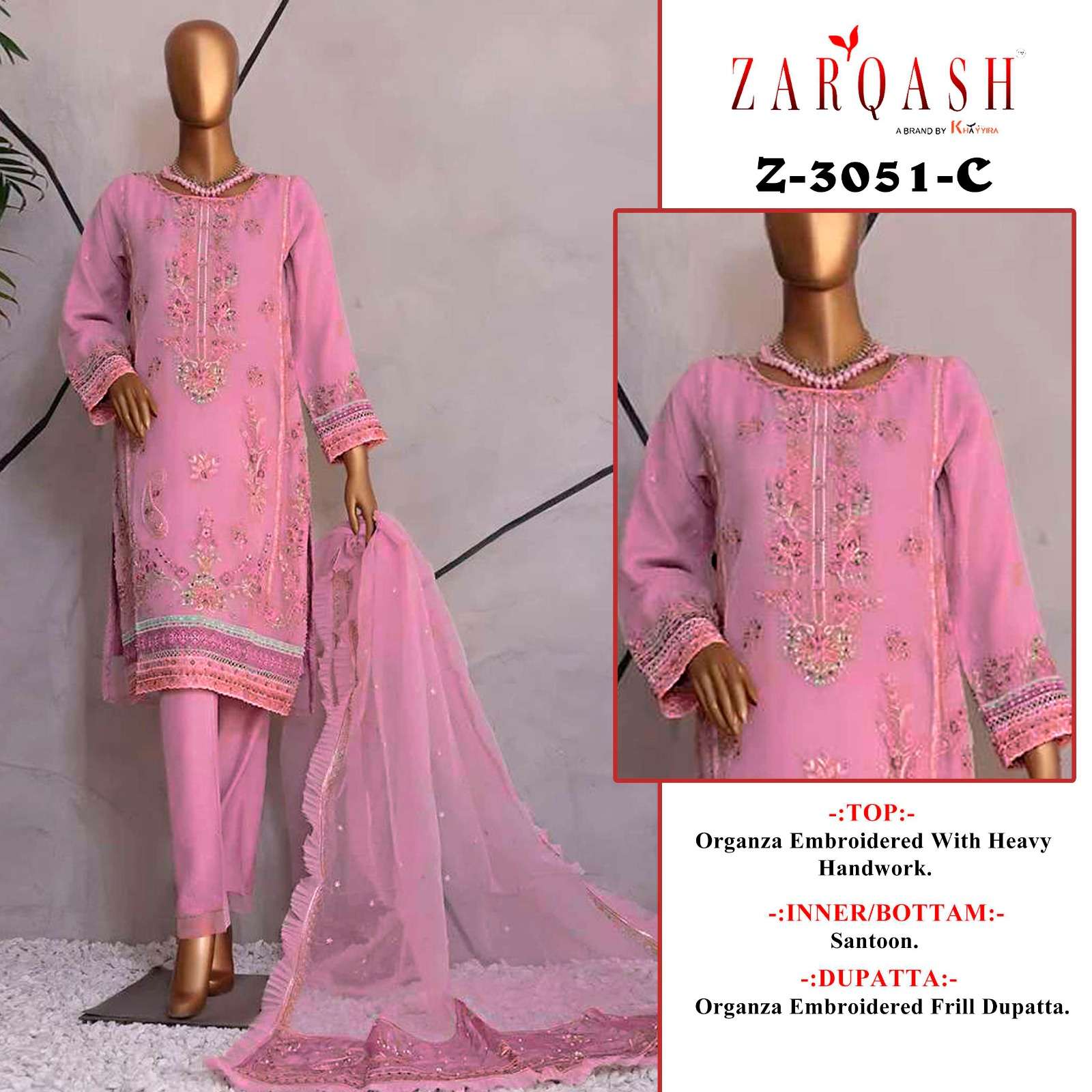 ZARQASH Z-3051 ORGANZA EMBROIDERY HANDWORK SUIT WHOLESALE PR...