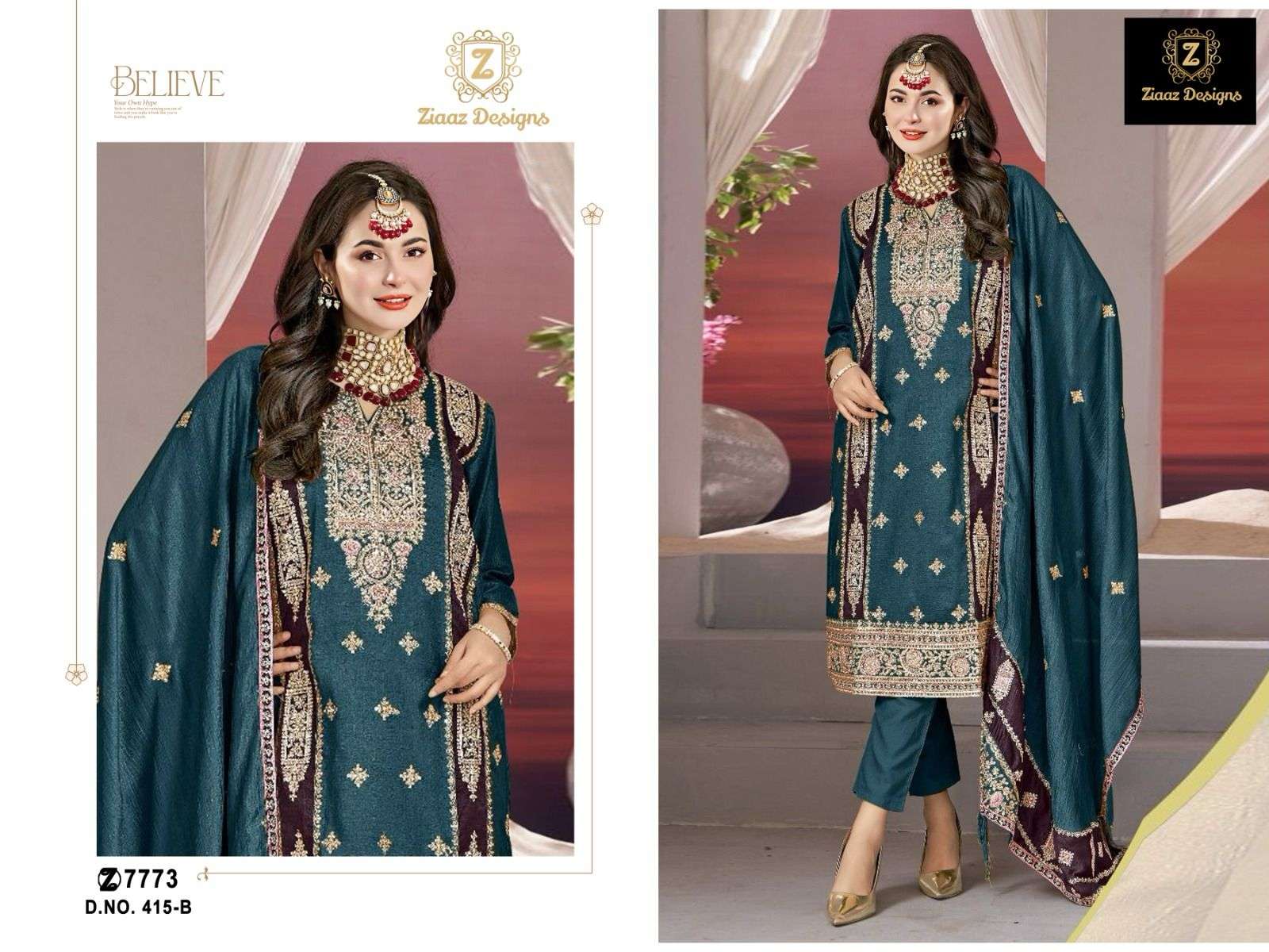 Ziaaz Design NO 415 Chinon Silk WIth Embroidery Work Pakista...