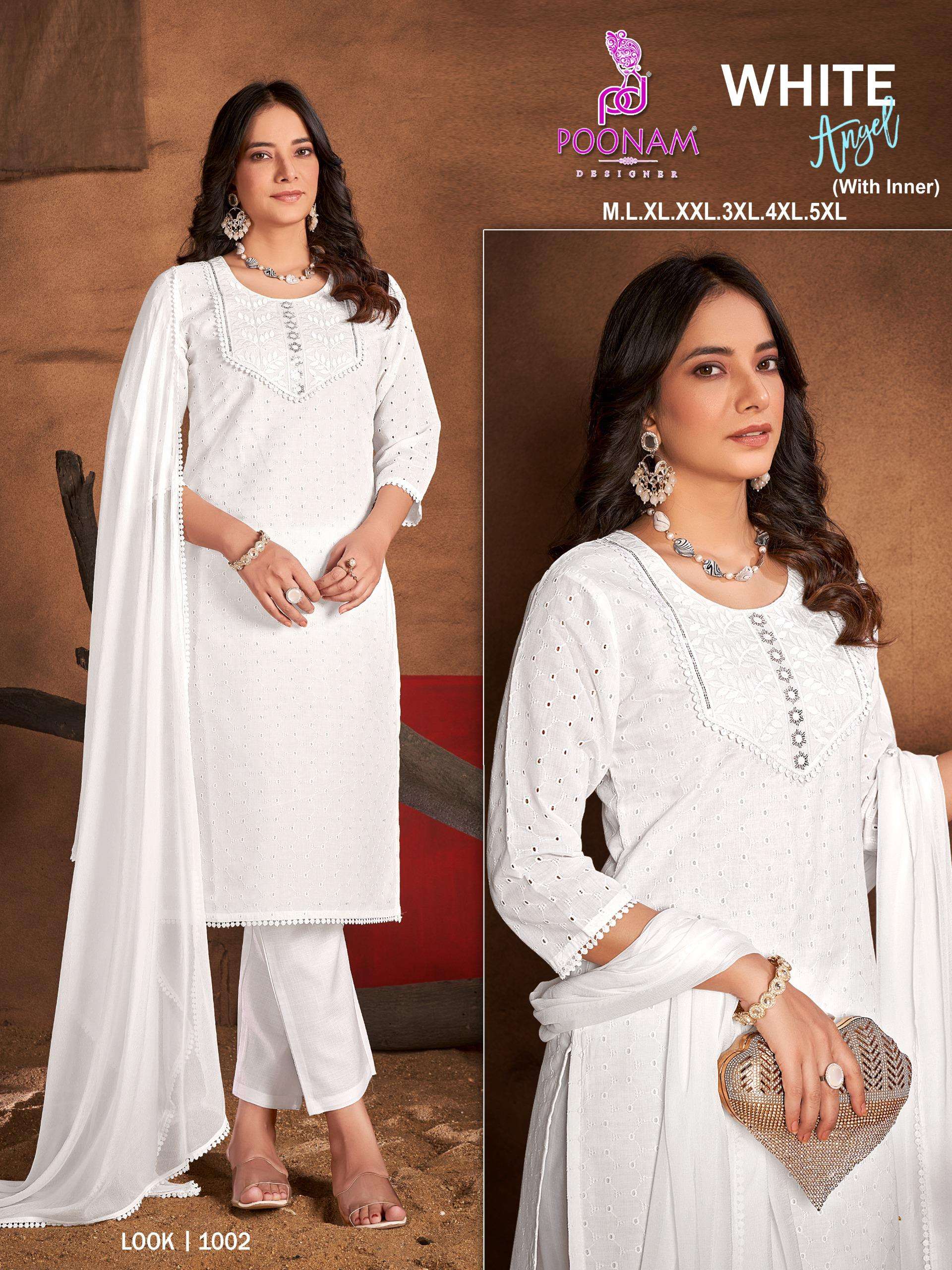 POONAM WHITE ANGLE COTTON CHIKAN WORK SUIT READY DEALER PRIC...