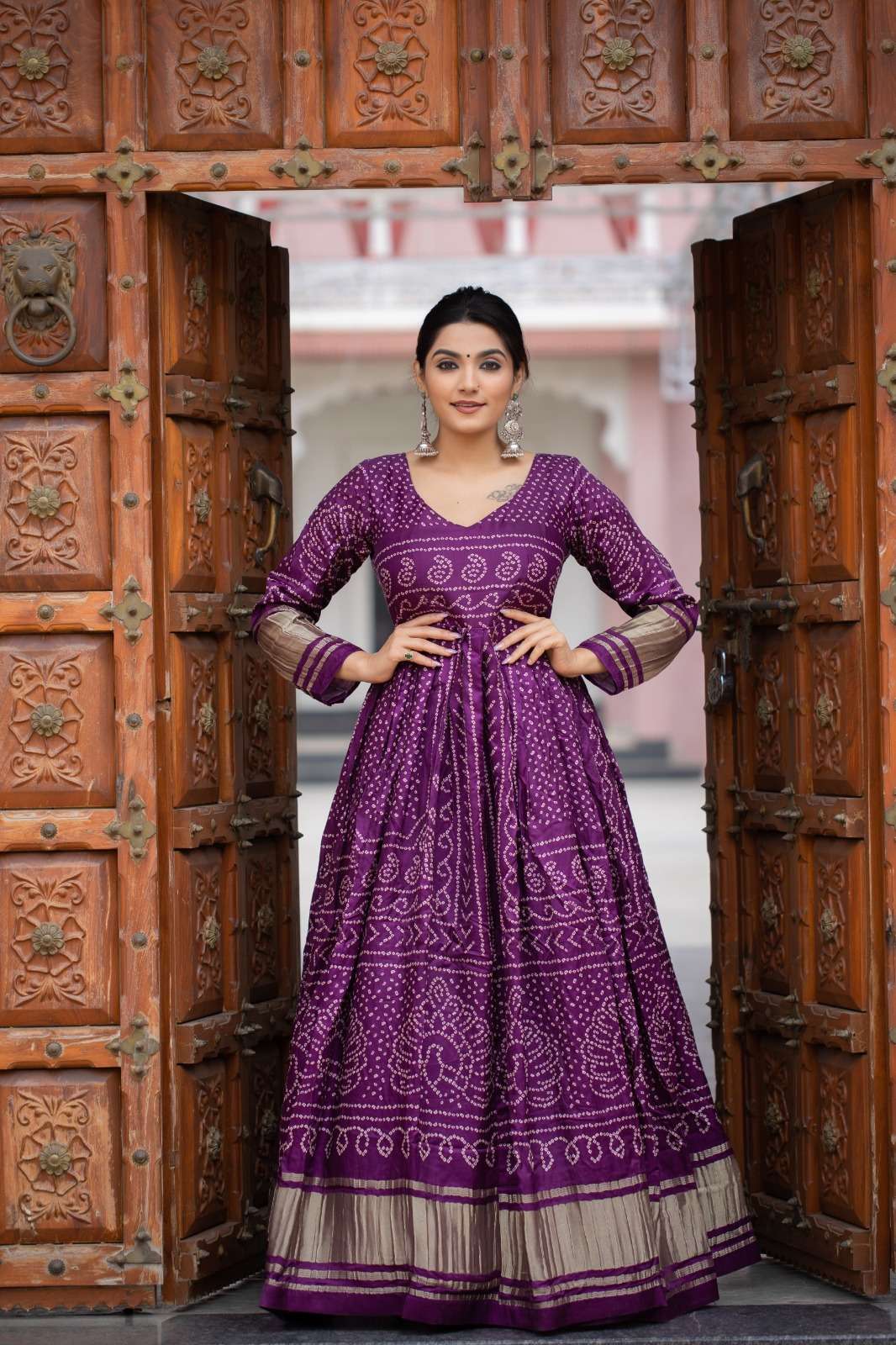 PURE GAJI SILK WITH BANDHEJ PRINTED LONG ANARKALI STYLE GOWN...