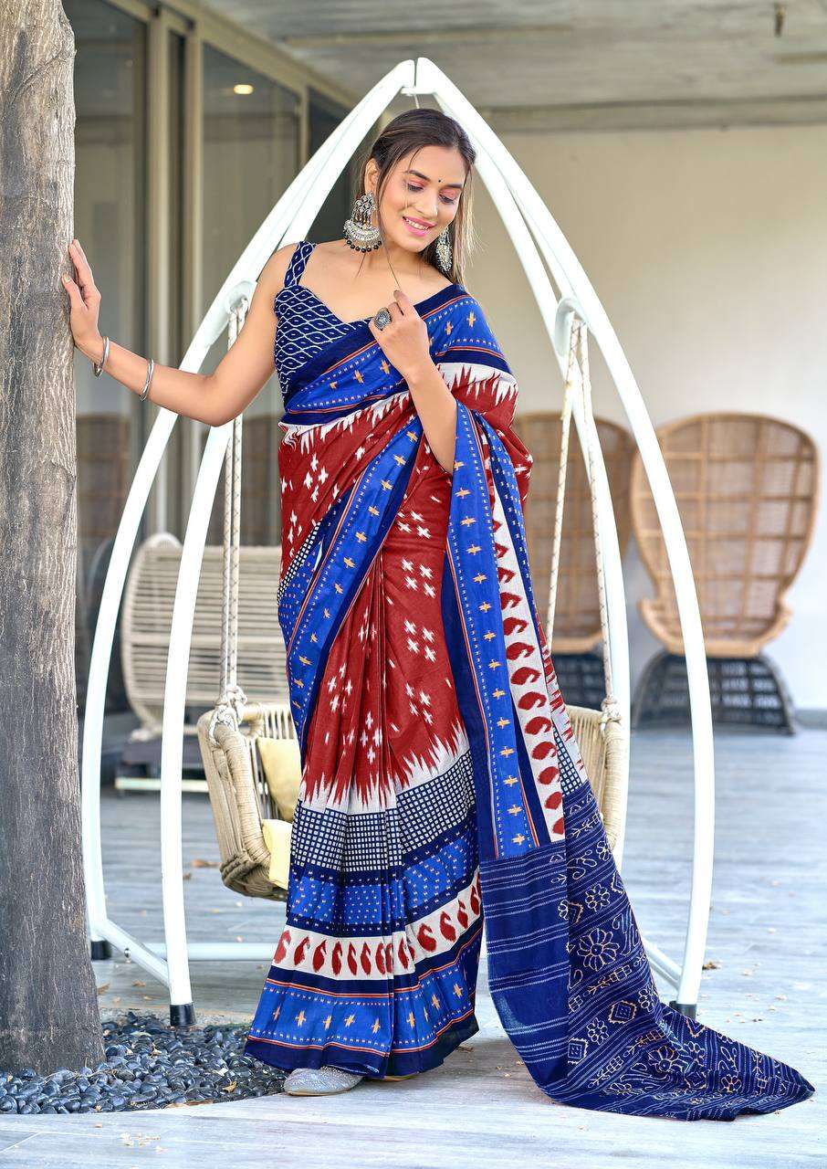 MAYTRI IKKAT PRINT MULMUL COTTON SAREES INDIAN TRADITIONAL C...