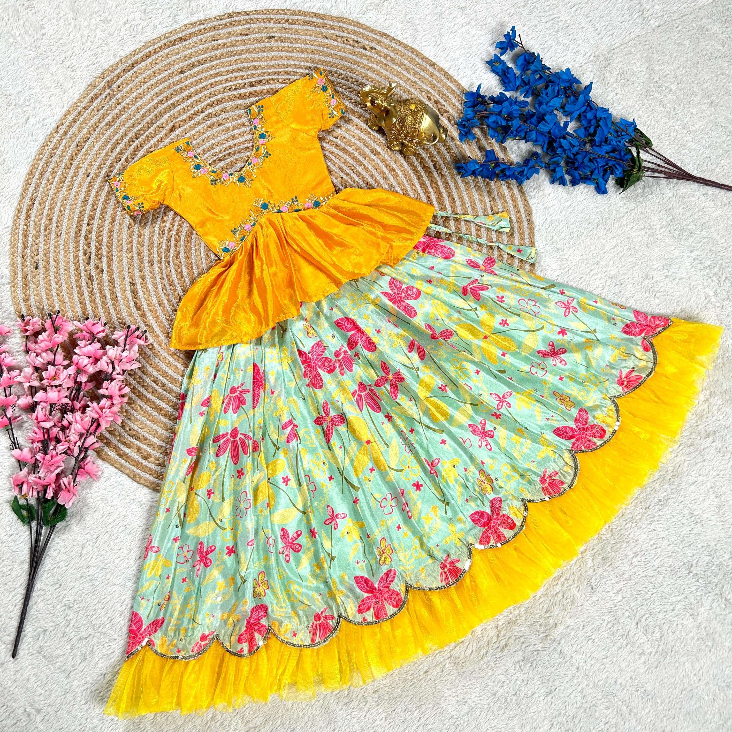 SOFT CHINON SILK FLOWER PRINTED KEDIYA STYLE LEHENGA CHOLI