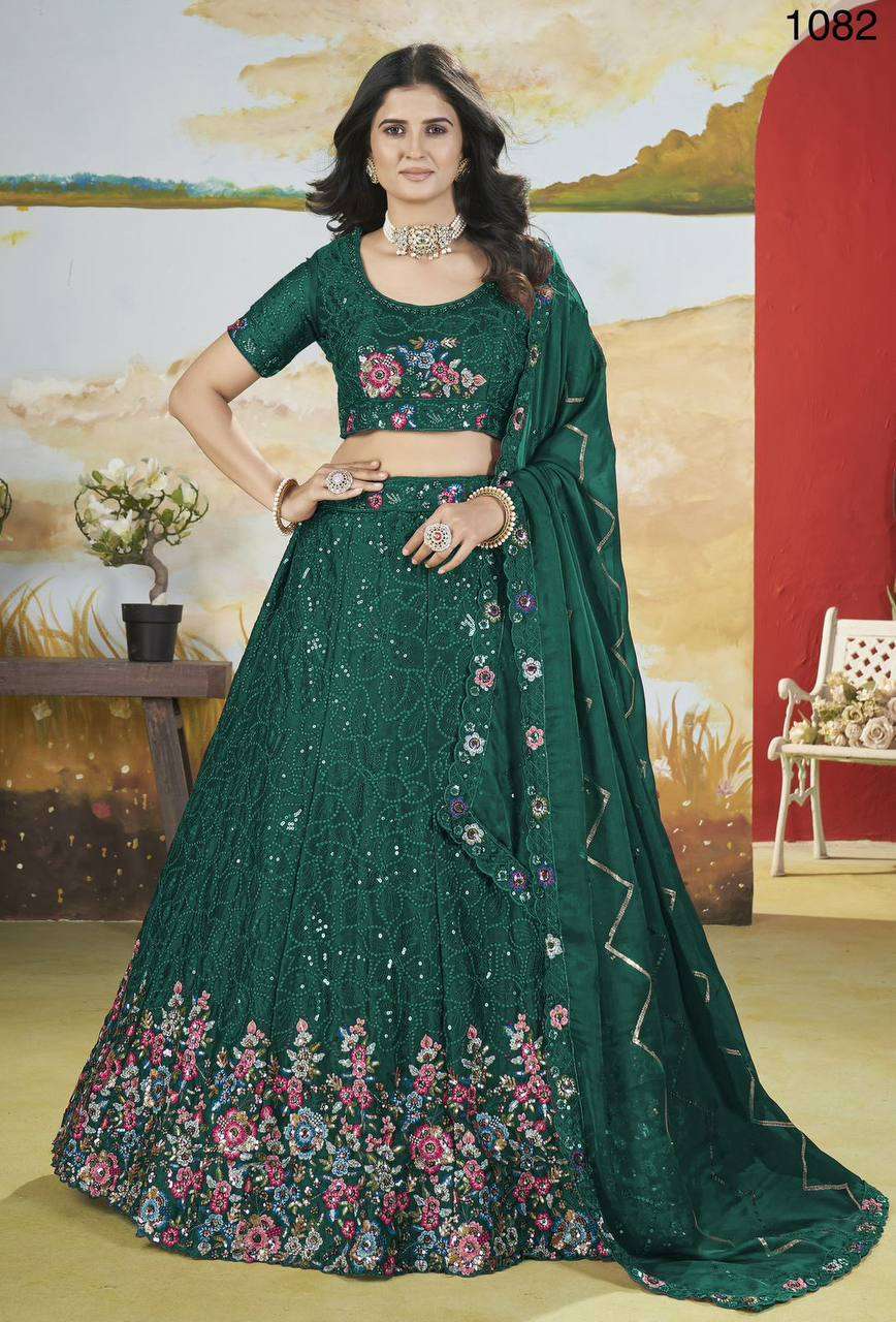 1082 CHINON WORK GREEN COLOR LEHENGA CHOLI WEDDING WEAR SUPP...