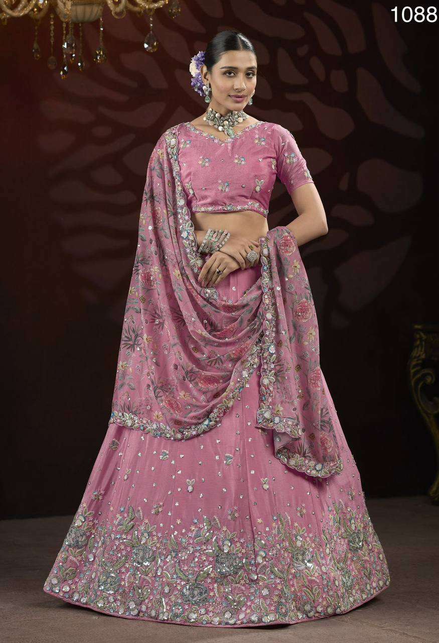 1088 INDIAN WEDDING WEAR CHINON WORK PINK LEHENGA CHOLI RESE...