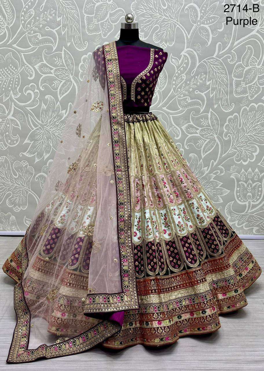 2714 EMBROIDERY LACE AND COLORFUL WORK DESIGNER BRIDAL LEHEN...