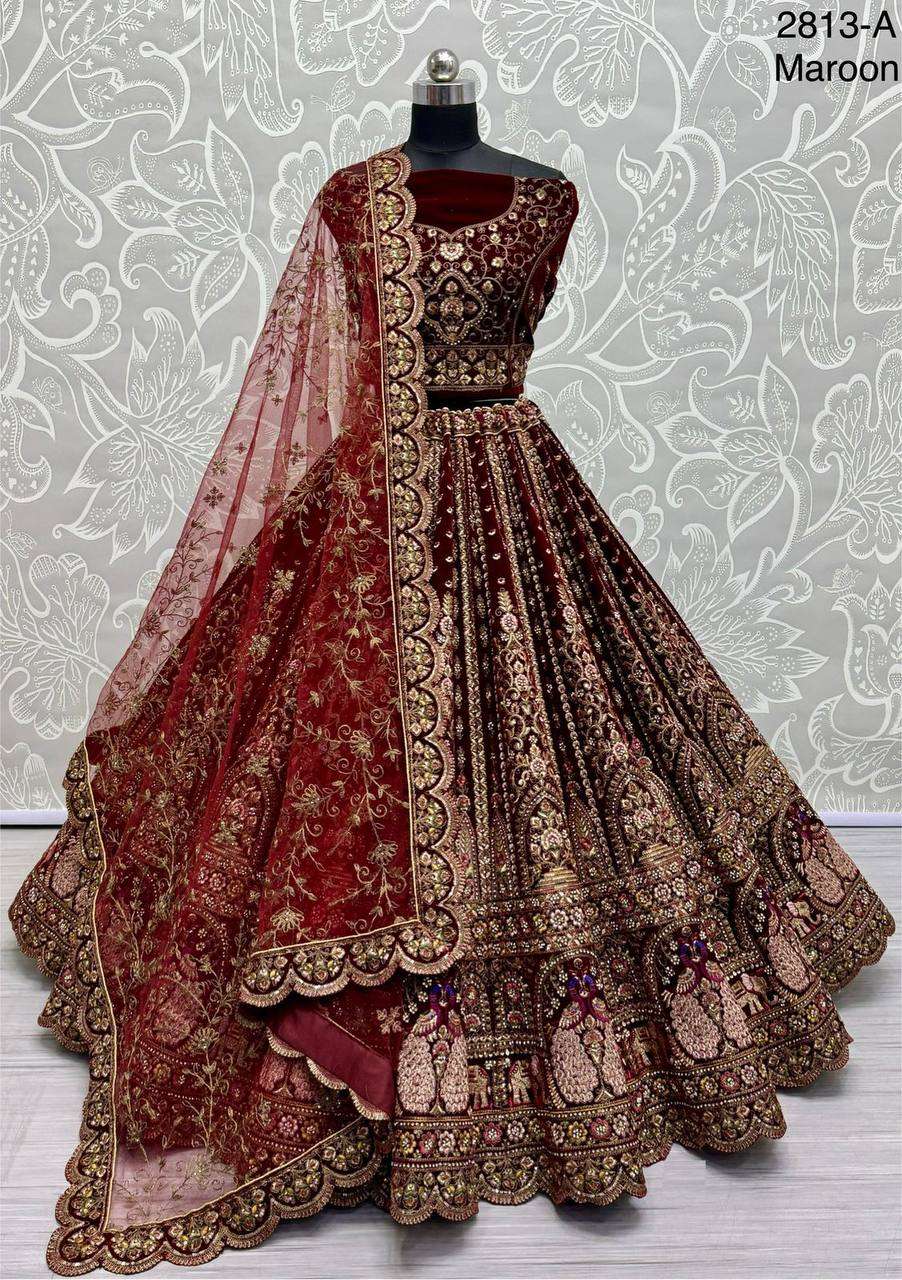 2813 VELVET HEAVY EMBROIDERY DUPATTA BRIDAL LEHENGA CHOLI WE...