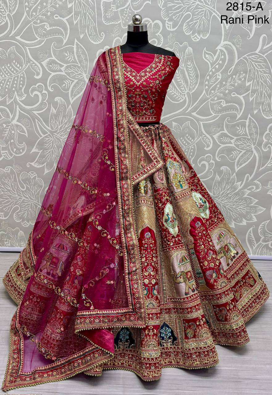 2815 PEACOCK & ELEPHANT PATCH WORK LEHENGA CHOLI TWO DUPATTA...